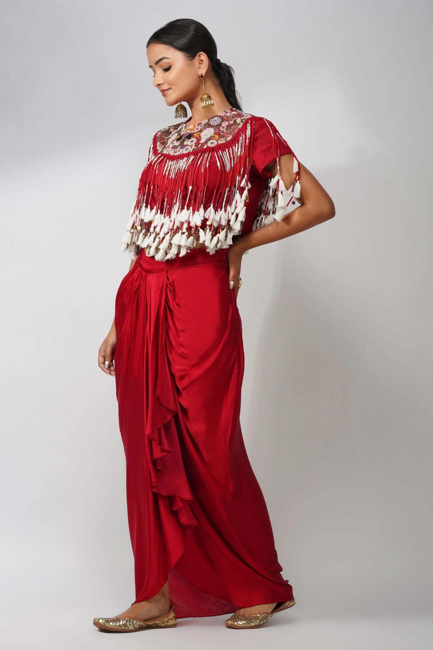 Tassel Zardozi Top & Luxe Satin Drape Skirt Ensemble