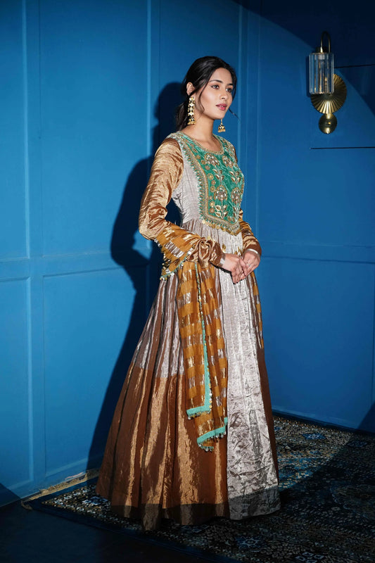 Pure Silk Gold, Silver And Green Anarkali With Zardozi Handwork