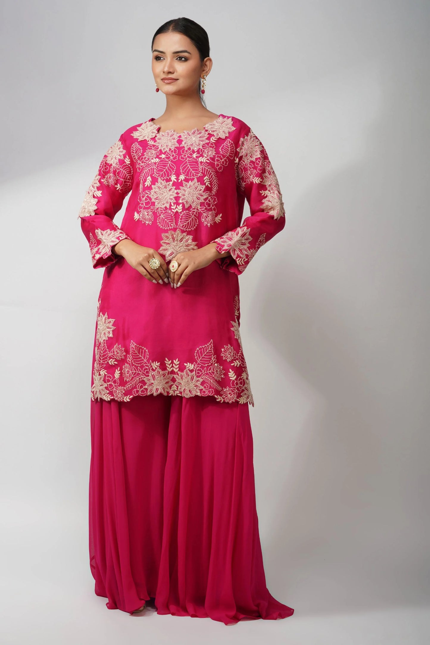 Pure Organza Fuschia Kurta Set Featuring 3d Handwork