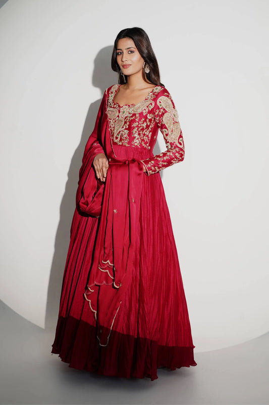 Flowy Coral Red Anarkali With A Crushed Skirt, Detailed With Patchwork And Hand Embroidery