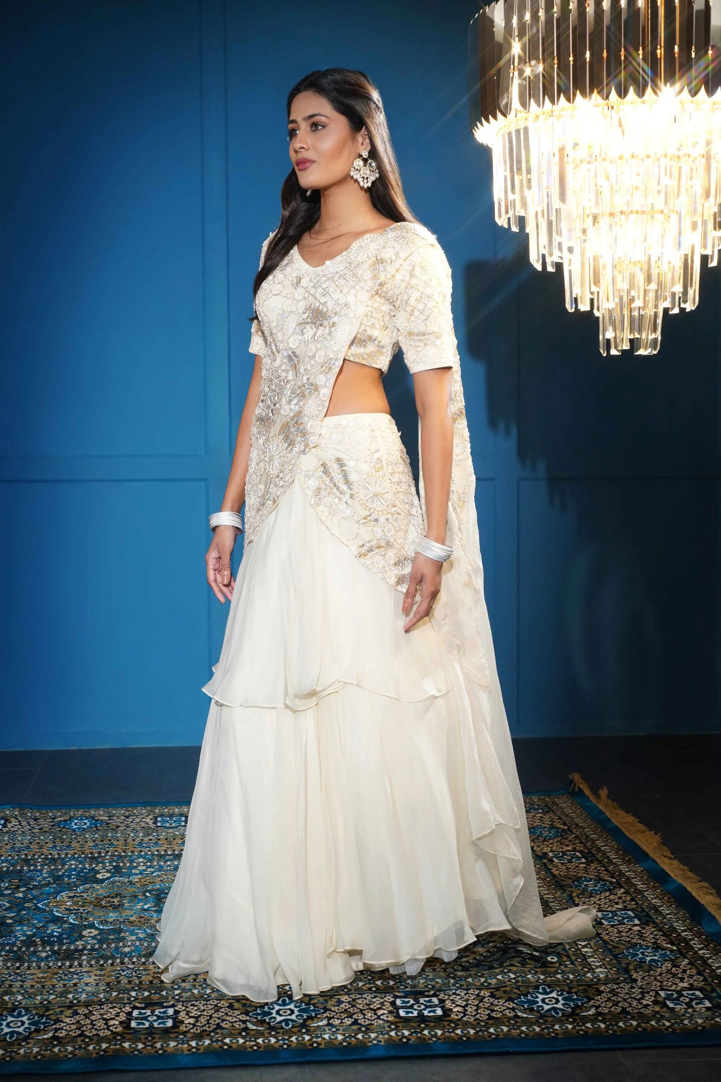 Cream Organza Drape Saree with Zardozi Handwork & Cutwork Detailing