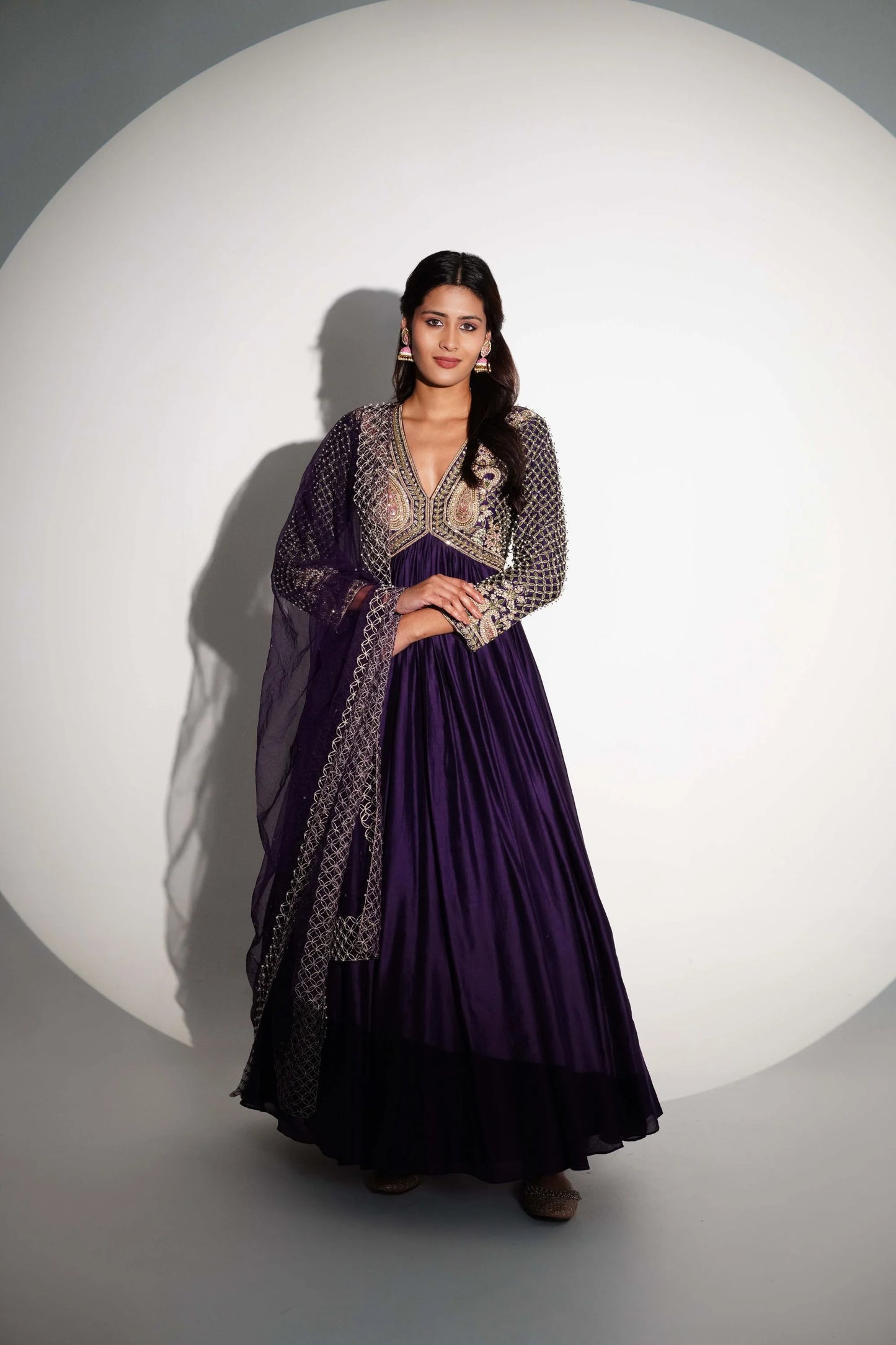 Pure Chanderi Silk Purple Anarkali With Patchwork And Hand Detailing