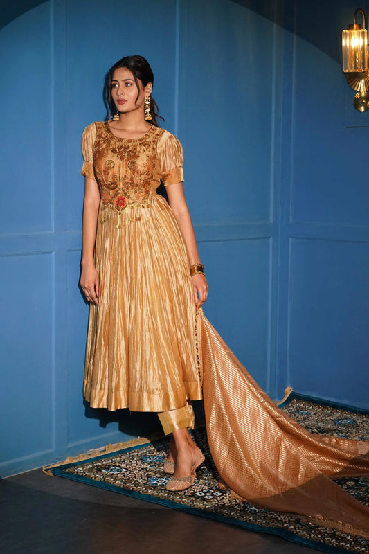 A Chic Short Anarkali In Tissue Fabric With Gold Stripes And Zardozi Handwork
