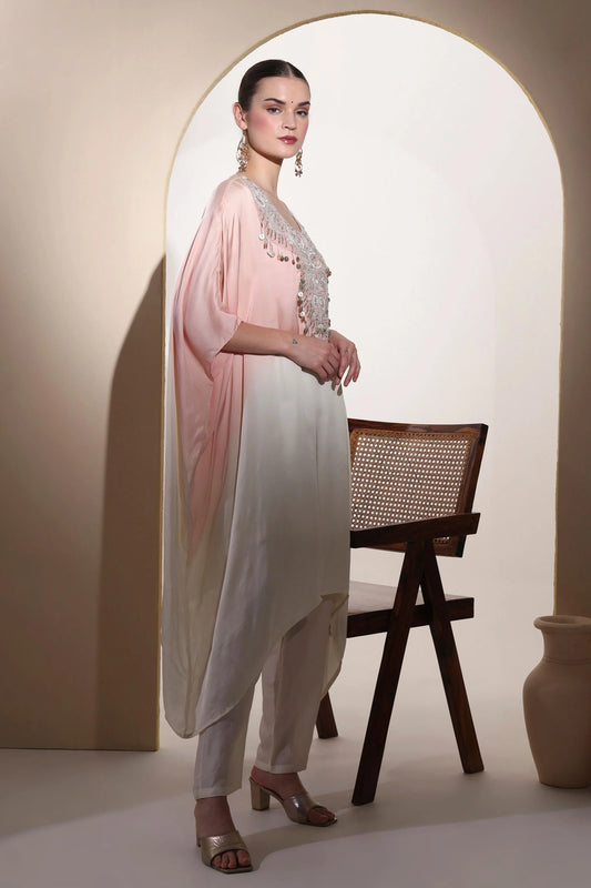 A Peach Ombre Kaftan Set With Zardozi Embroidery