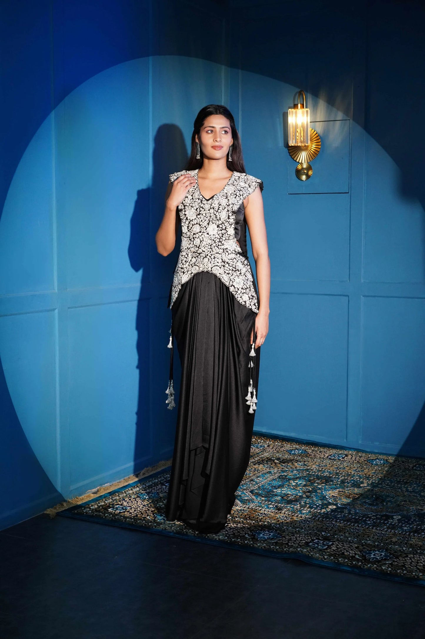 Black  Cape Set With Drape Skirt And Zardozi Handwork