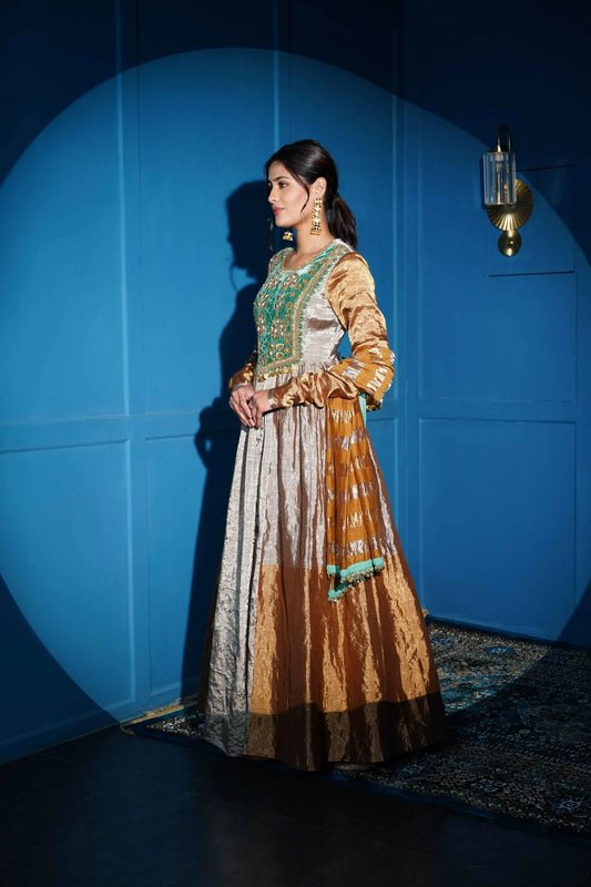 Pure Silk Gold, Silver And Green Anarkali With Zardozi Handwork