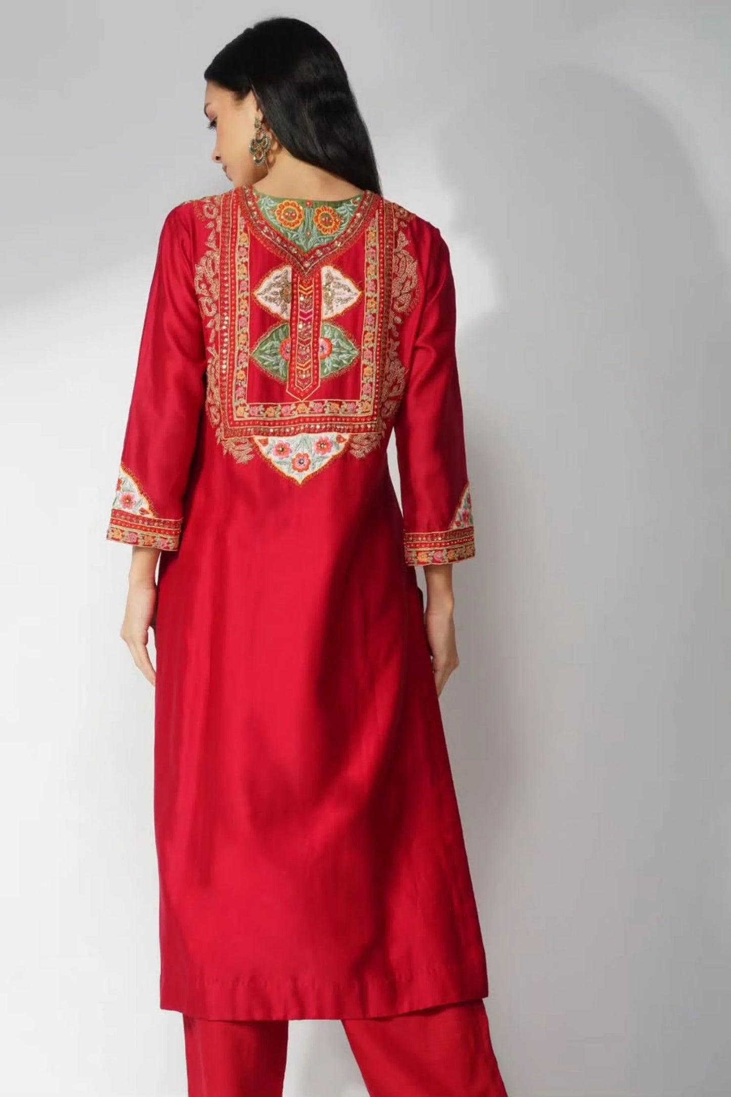 Pure Silk Red Kurta Set With Patchwork Detailing