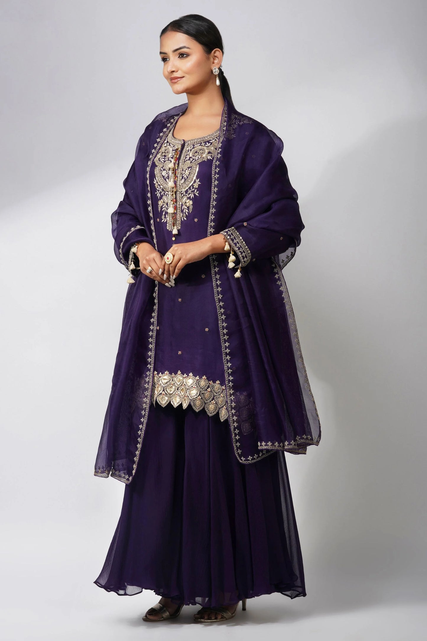 Pure Organza Purple Kurta Set With Zardozi Handwork
