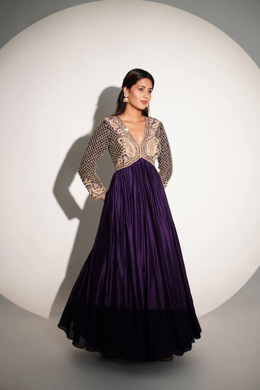 Pure Chanderi Silk Purple Anarkali With Patchwork And Hand Detailing
