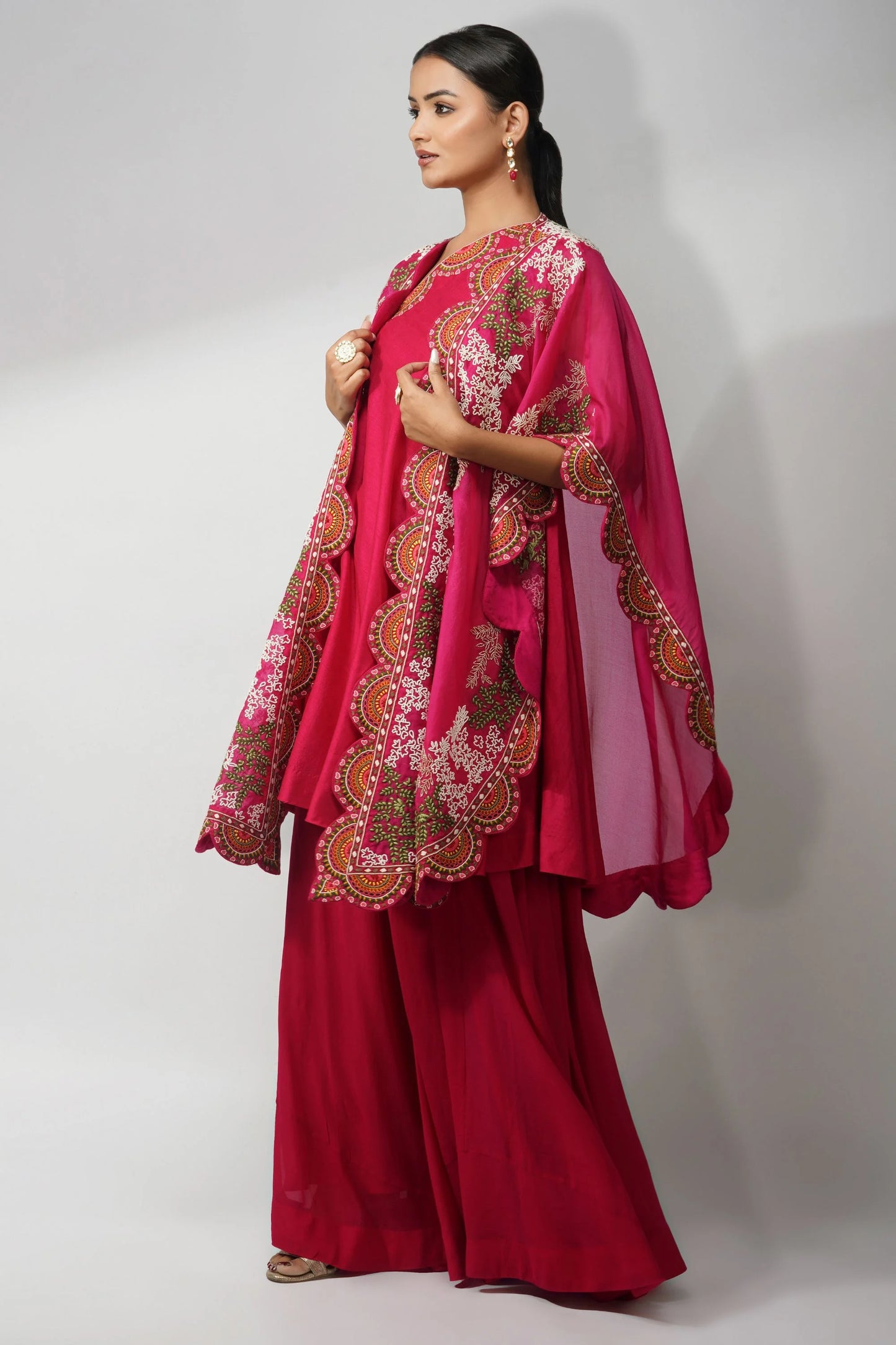 Fuchsia Off-shoulder Cape Set Featuring Handcrafted Thread And Pearl Embroidery