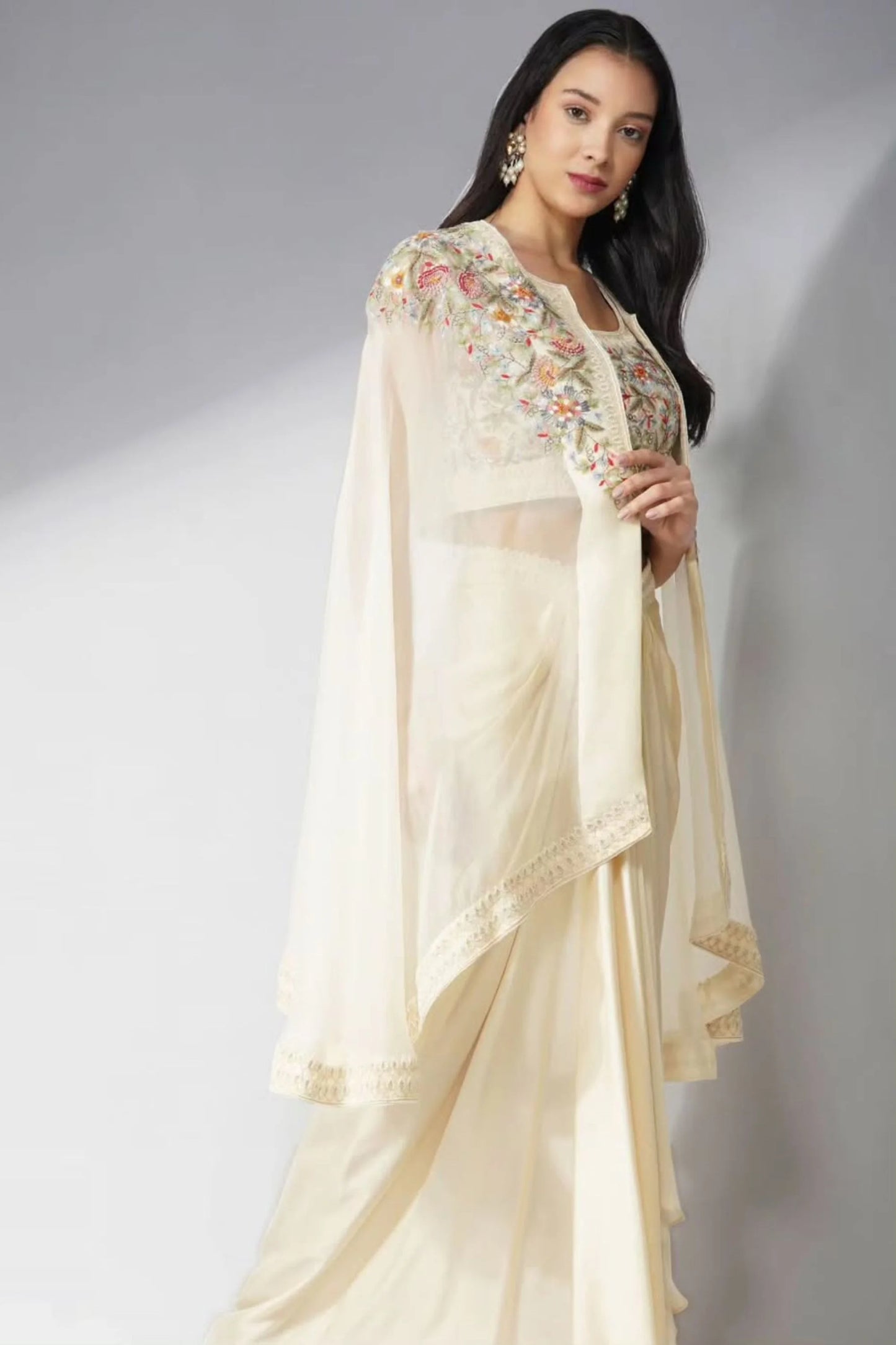 Resham Threadwork And Pearlwork Organza Cape Set With Drape Skirt