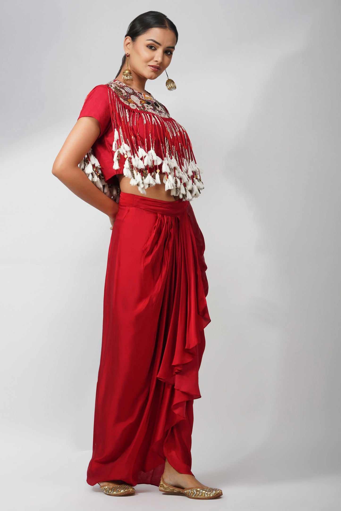 Tassel Zardozi Top & Luxe Satin Drape Skirt Ensemble