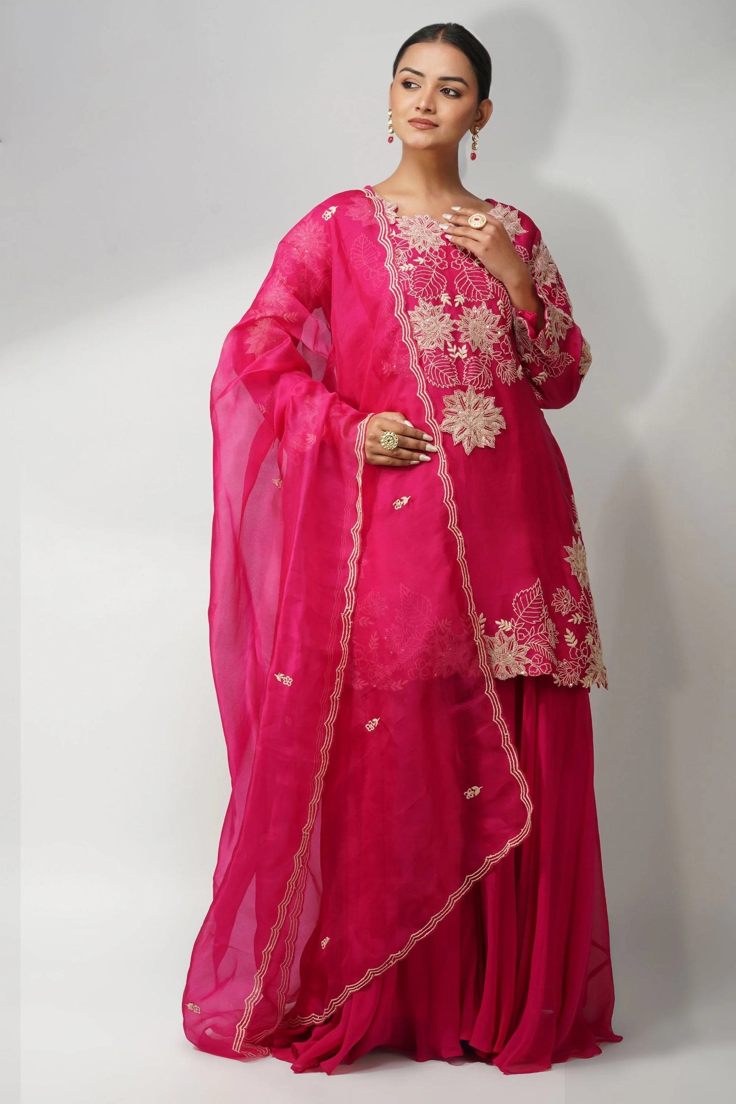 Pure Organza Fuschia Kurta Set Featuring 3d Handwork