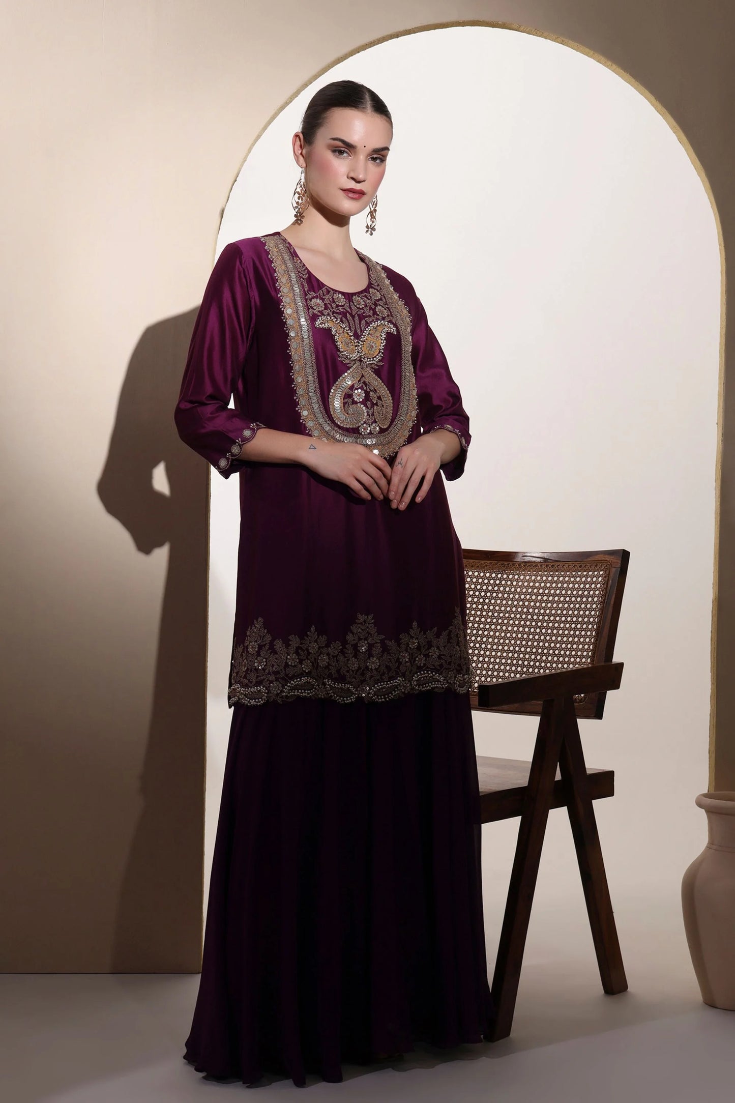 Wine Sharara Set With Zardozi Hand Embroidery And Patchwork Detailing