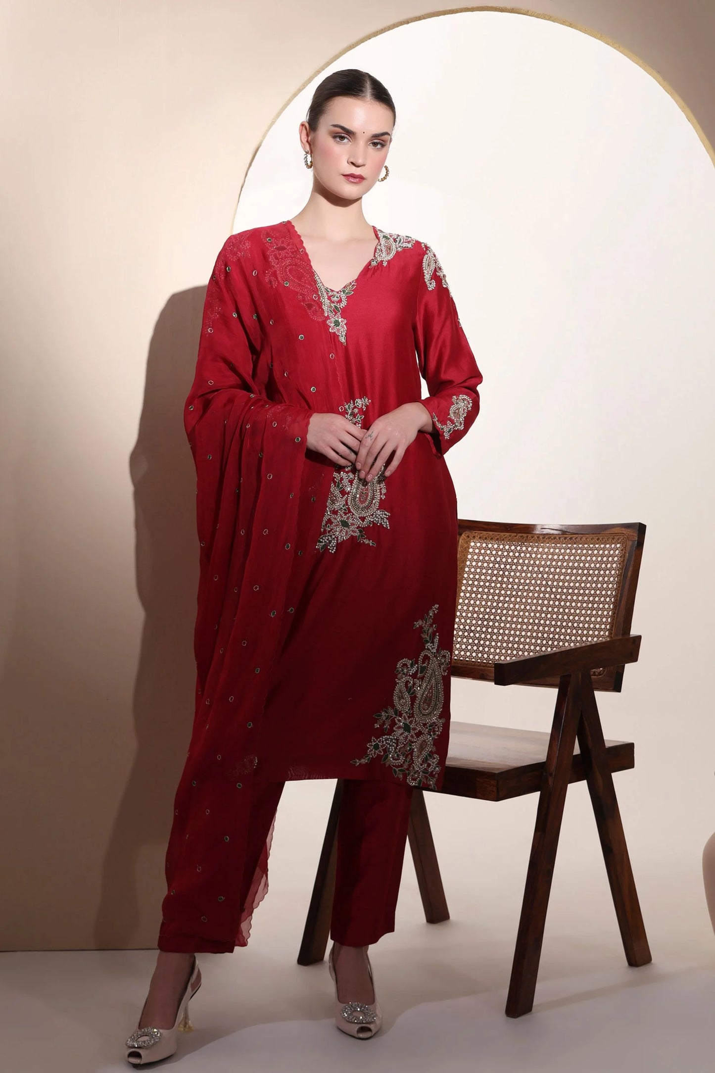 Red Pure Chanderi Silk Kurta Set With Hand Embroidery