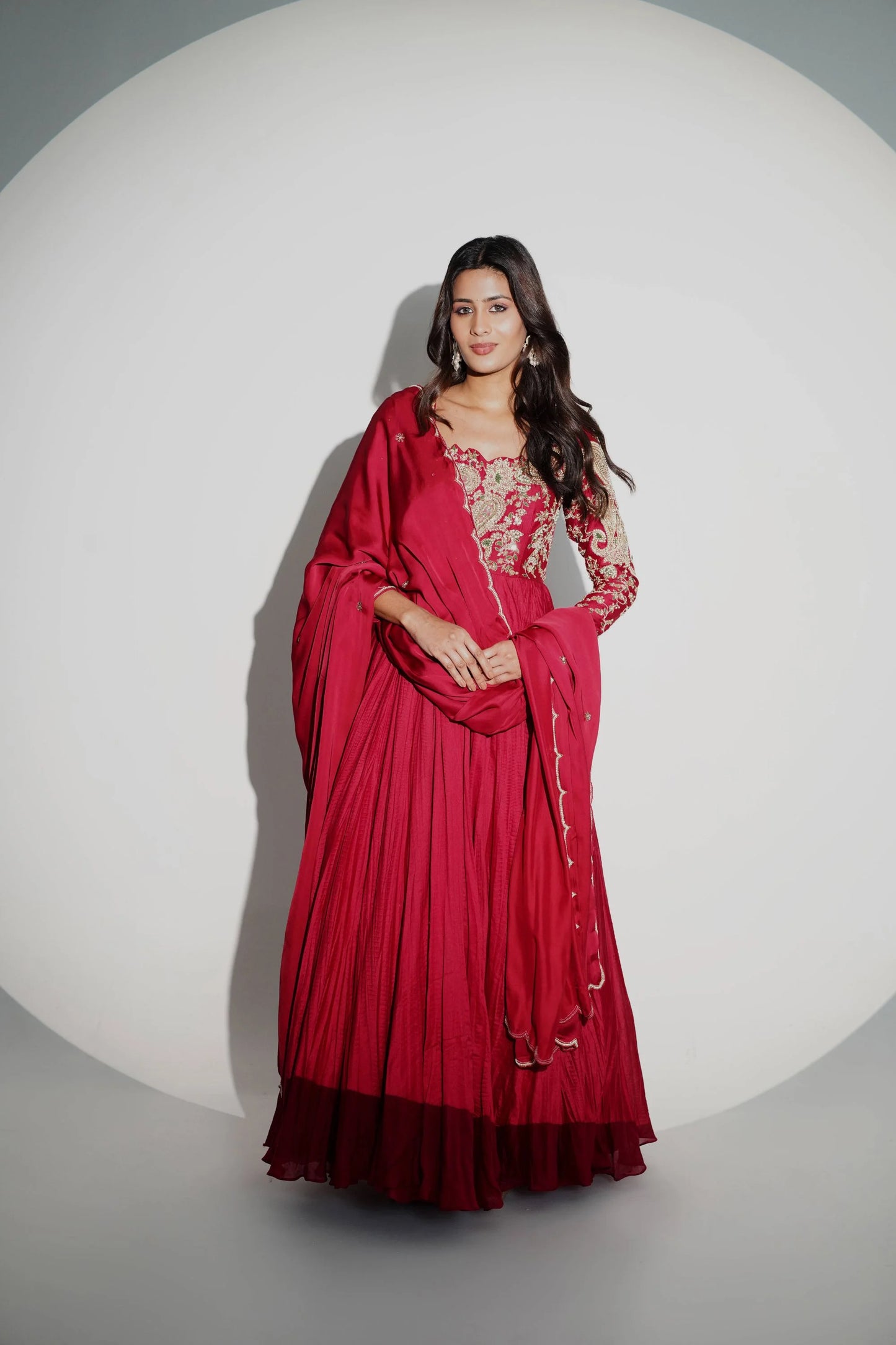 Flowy Coral Red Anarkali With A Crushed Skirt, Detailed With Patchwork And Hand Embroidery