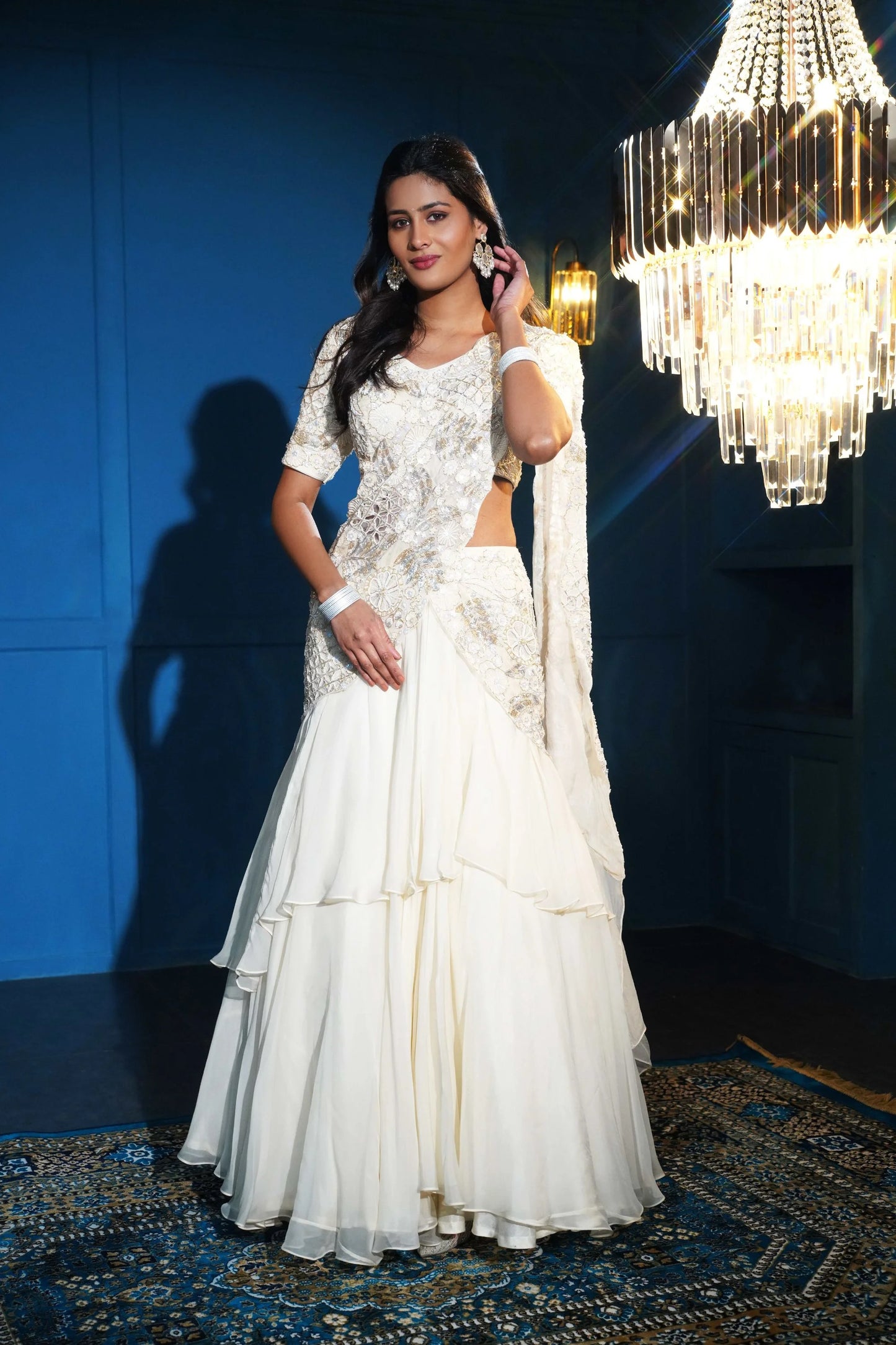 Cream Organza Drape Saree with Zardozi Handwork & Cutwork Detailing