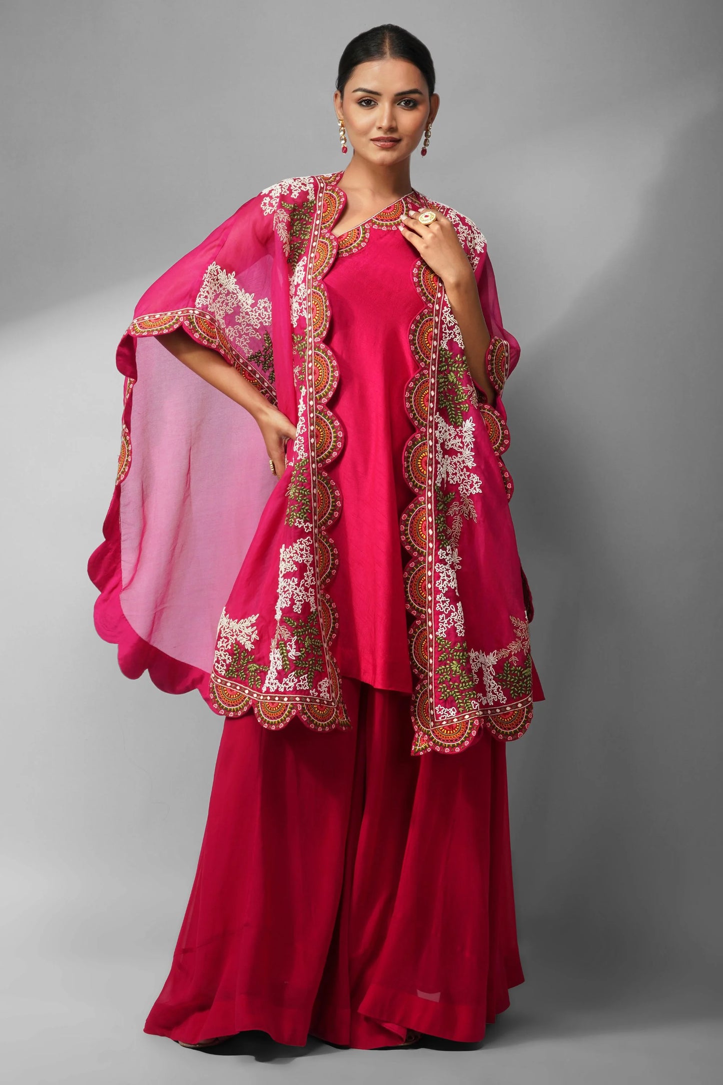 Fuchsia Off-shoulder Cape Set Featuring Handcrafted Thread And Pearl Embroidery