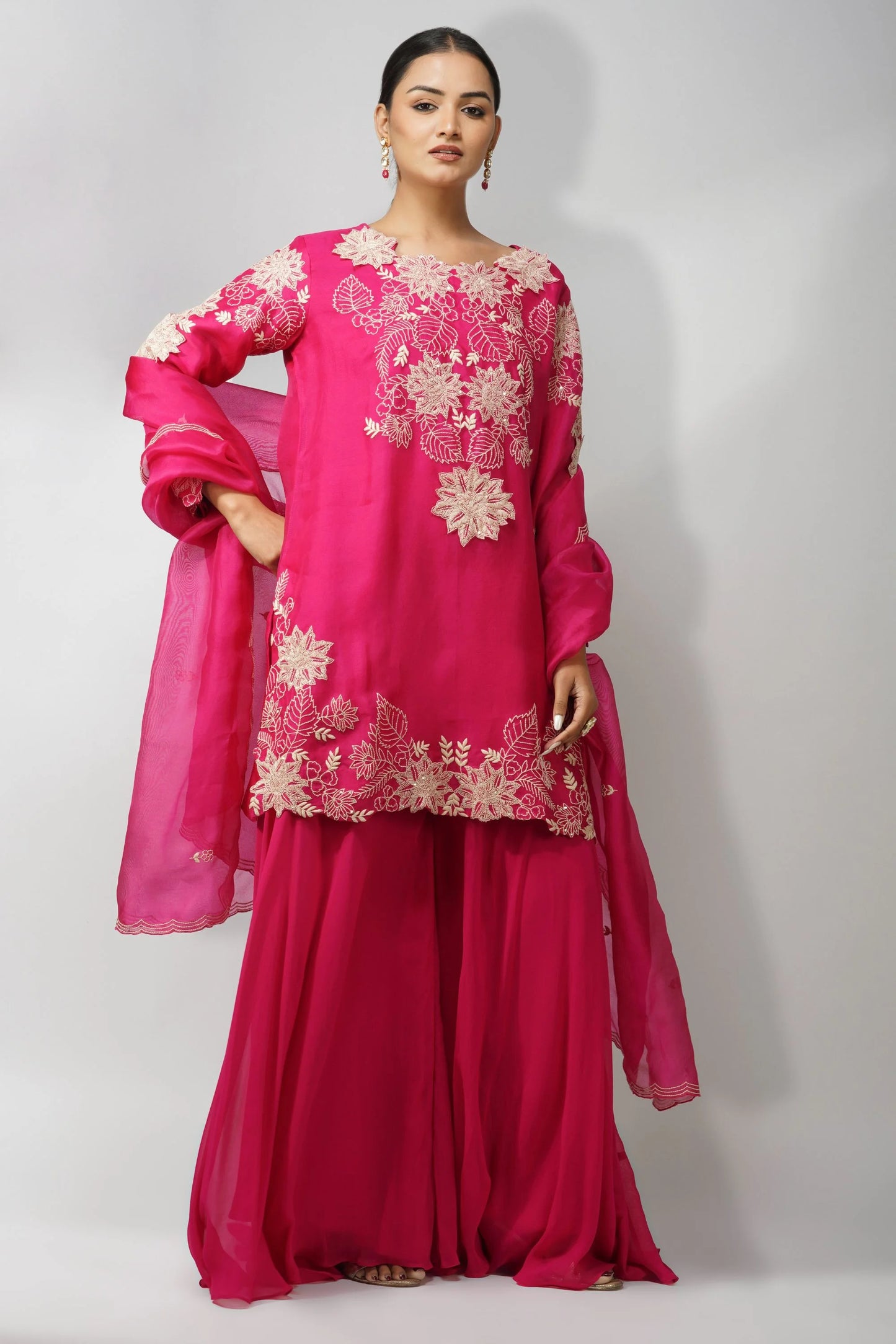 Pure Organza Fuschia Kurta Set Featuring 3d Handwork