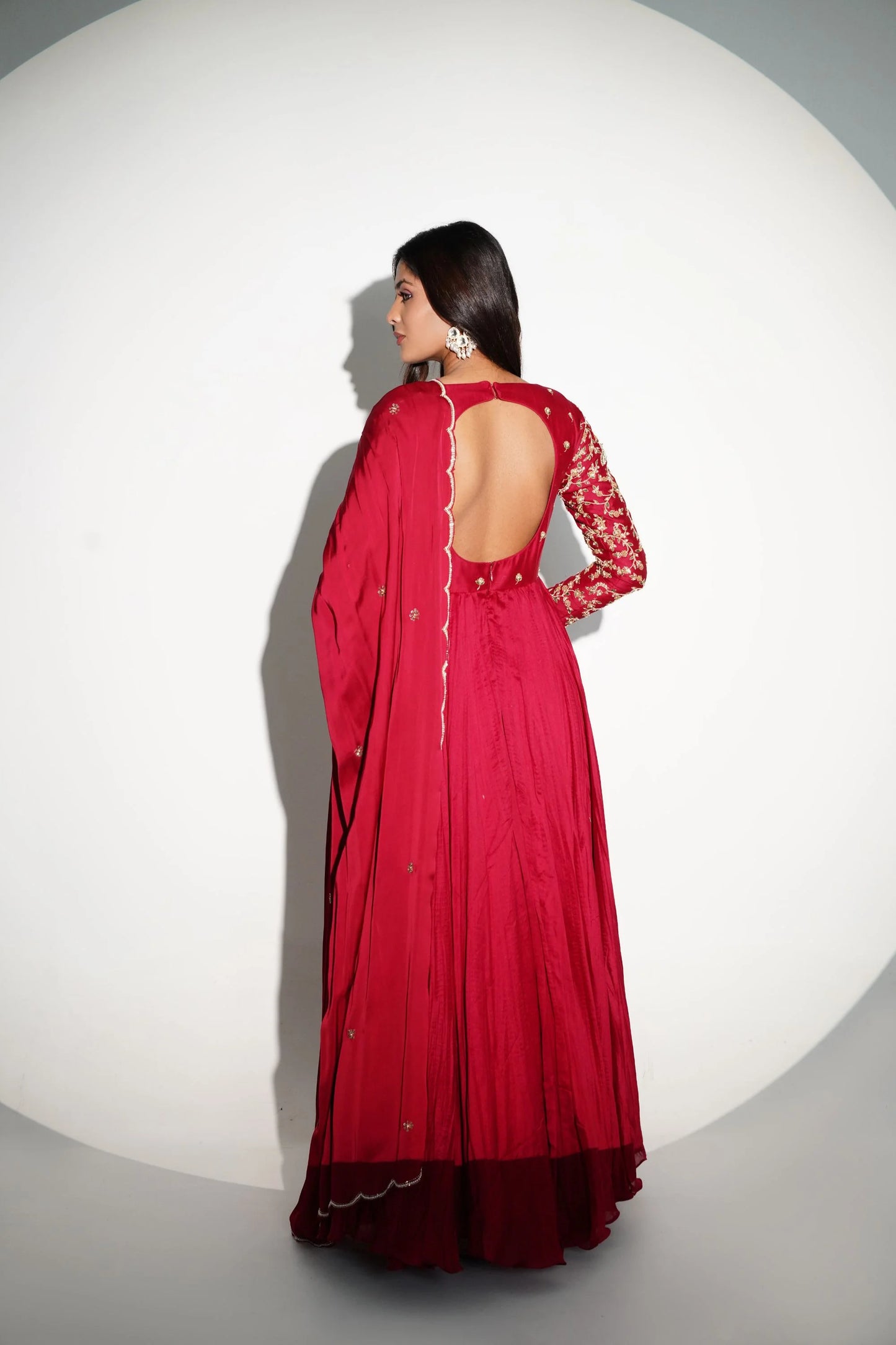 Flowy Coral Red Anarkali With A Crushed Skirt, Detailed With Patchwork And Hand Embroidery