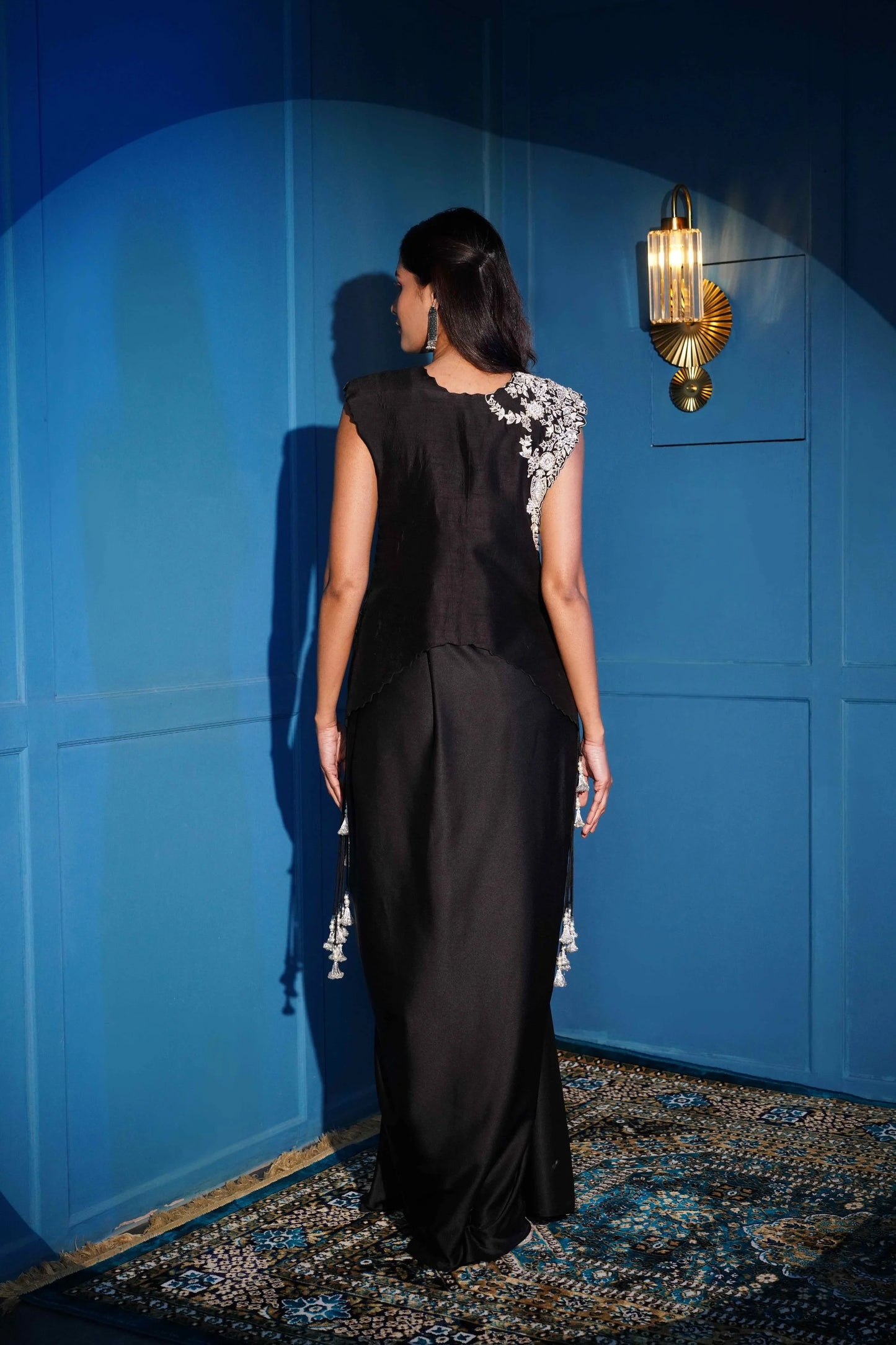 Black  Cape Set With Drape Skirt And Zardozi Handwork