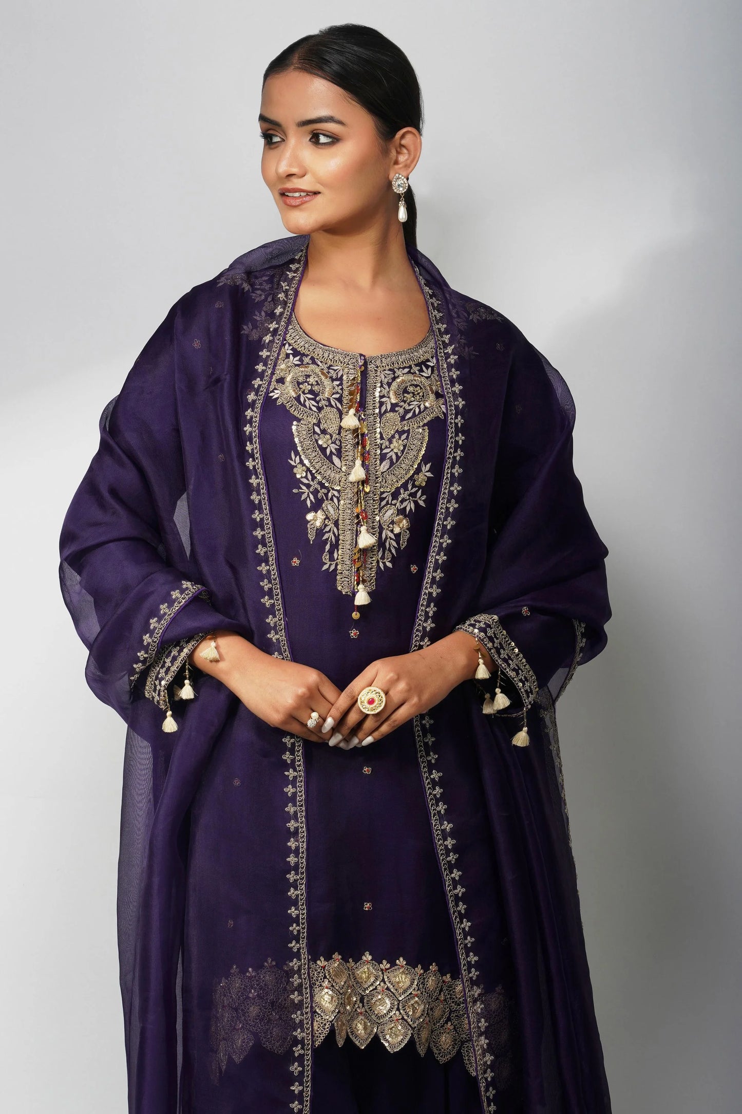 Pure Organza Purple Kurta Set With Zardozi Handwork