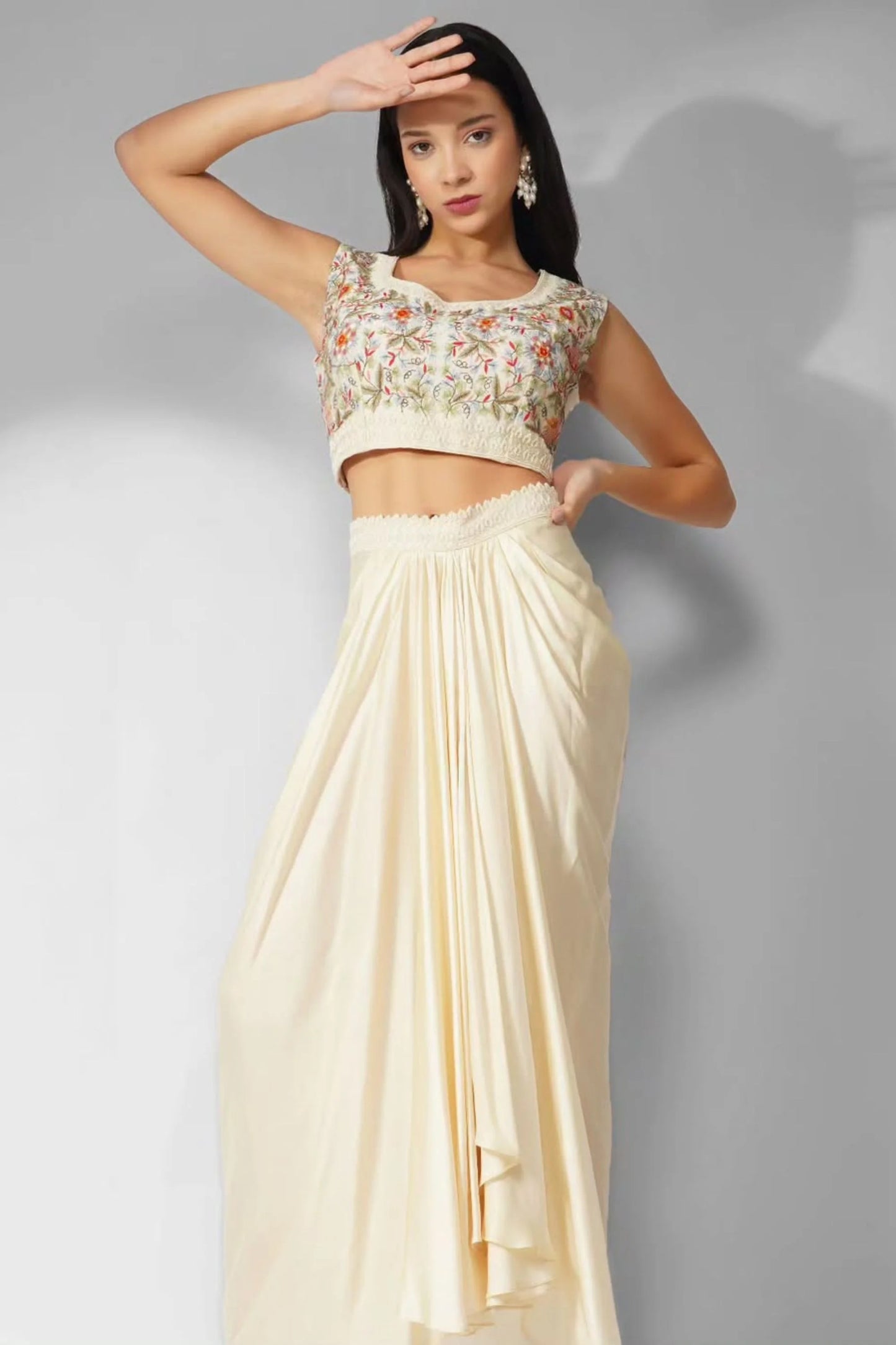 Resham Threadwork And Pearlwork Organza Cape Set With Drape Skirt
