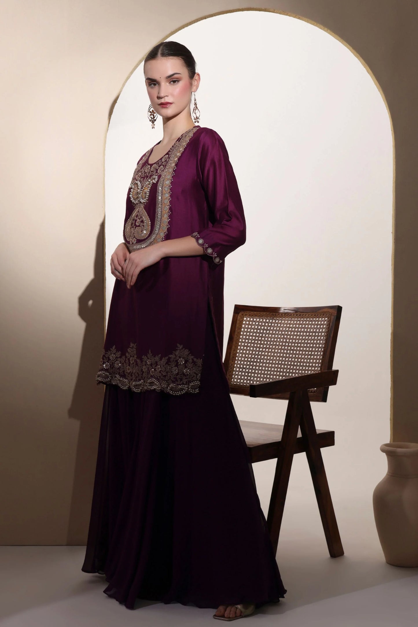 Wine Sharara Set With Zardozi Hand Embroidery And Patchwork Detailing