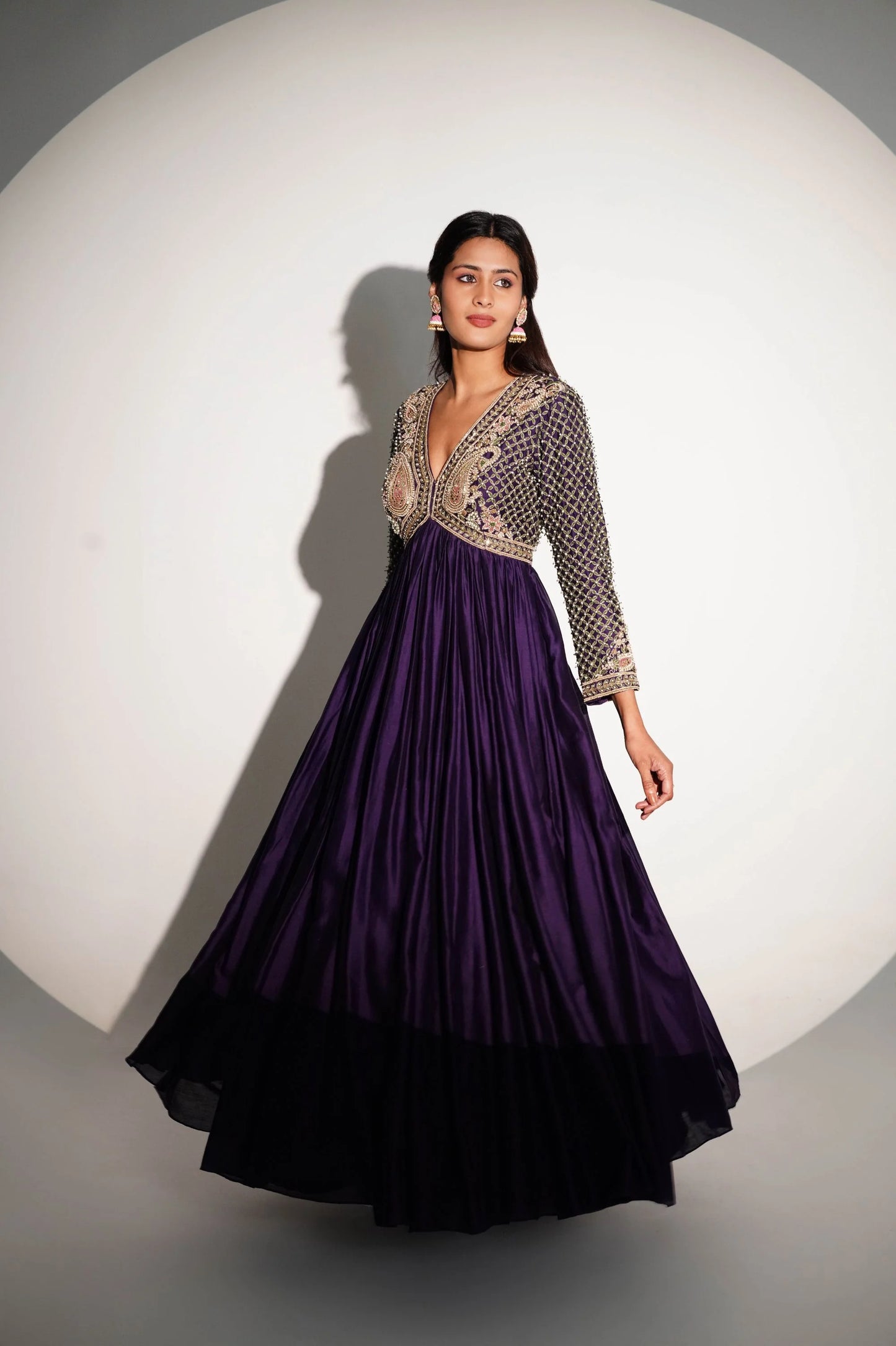 Pure Chanderi Silk Purple Anarkali With Patchwork And Hand Detailing