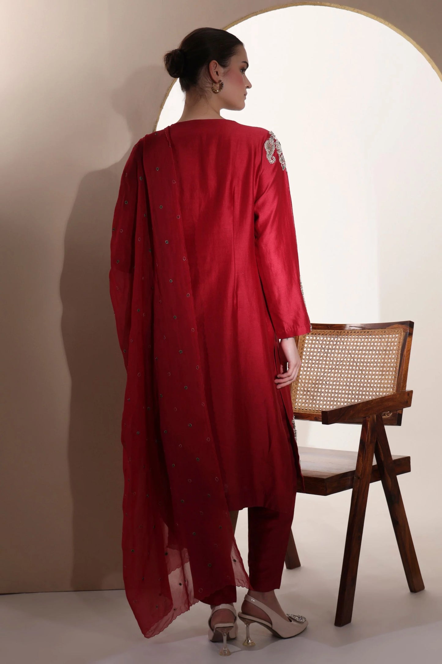 Red Pure Chanderi Silk Kurta Set With Hand Embroidery