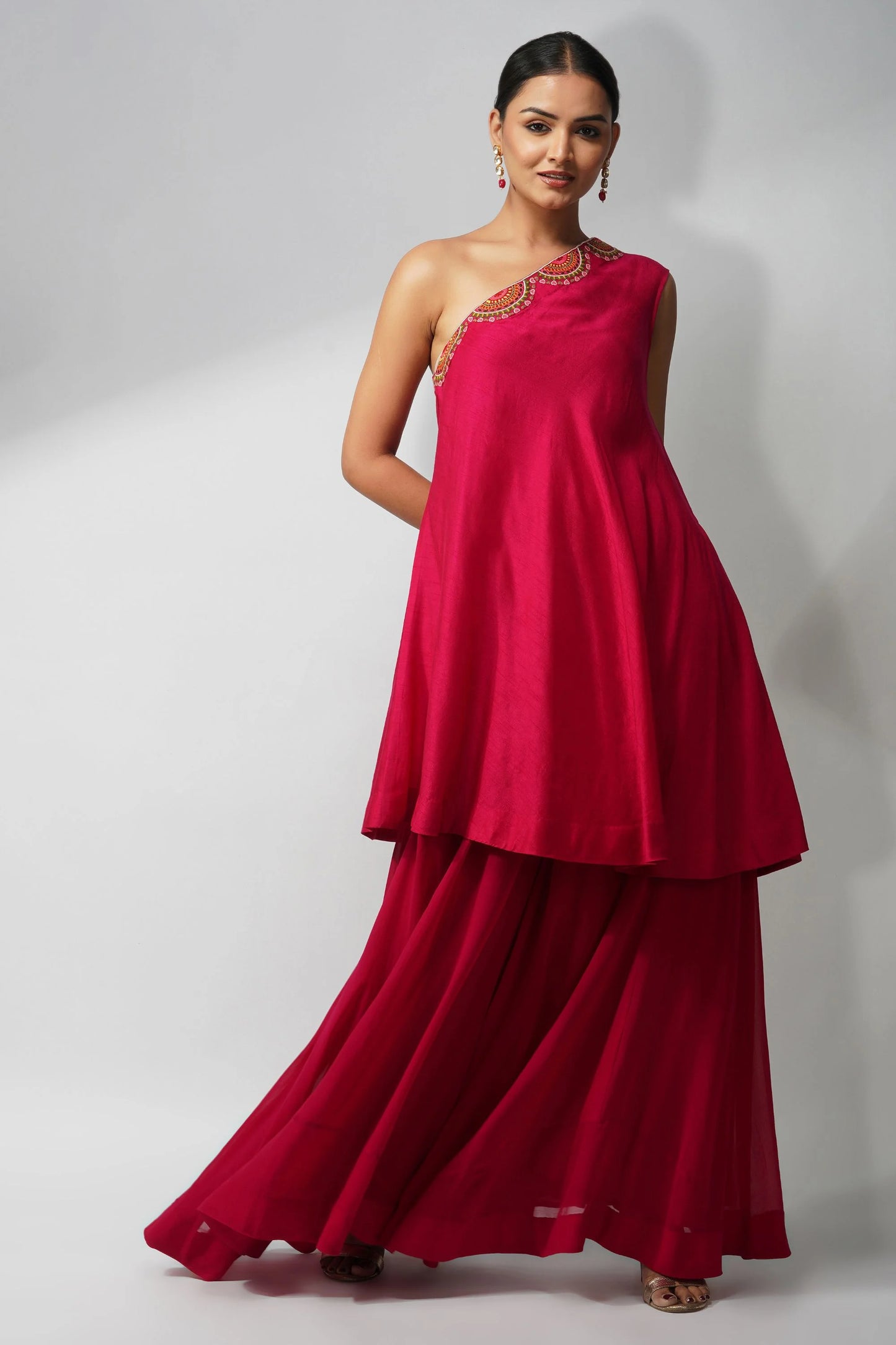 Fuchsia Off-shoulder Cape Set Featuring Handcrafted Thread And Pearl Embroidery