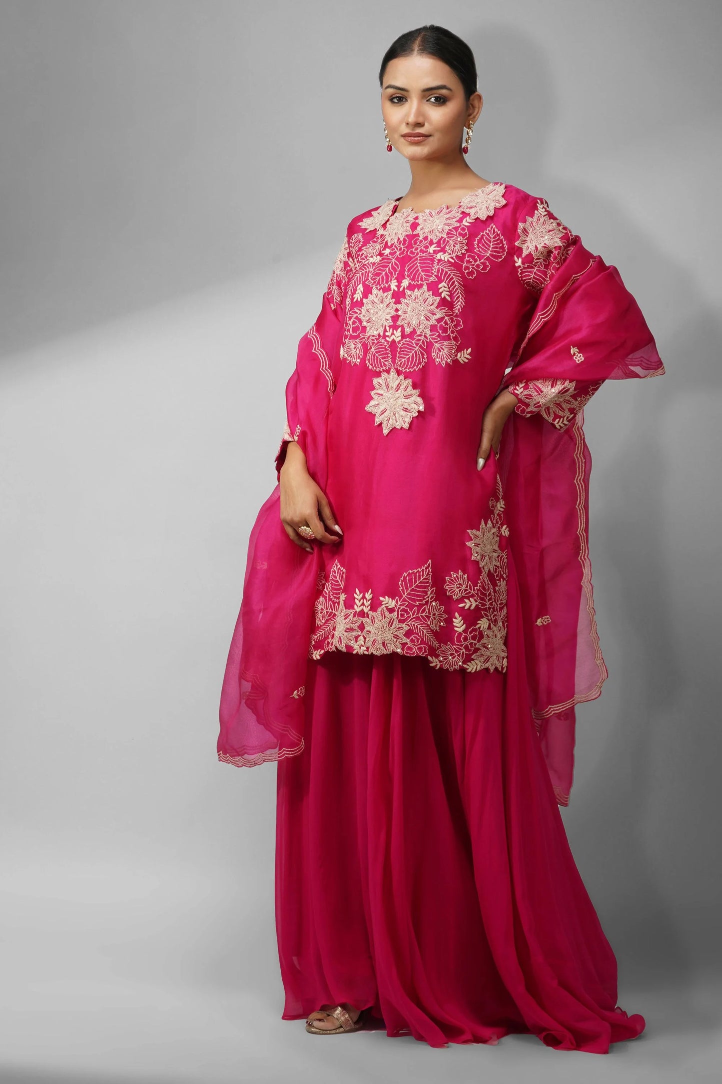 Pure Organza Fuschia Kurta Set Featuring 3d Handwork
