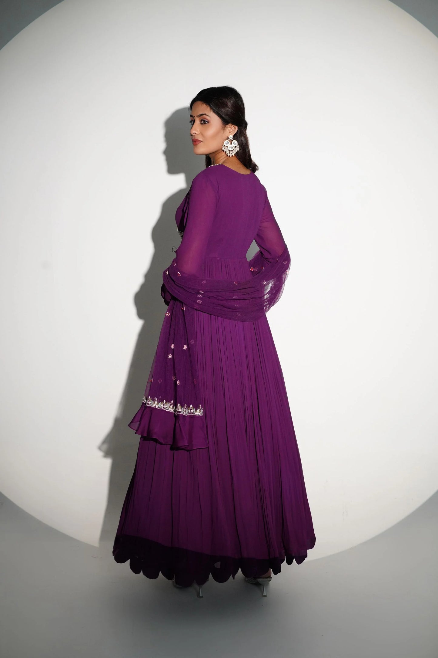 Elegant Long Anarkali In Olive Georgette With Patchwork And Hand Embroidery