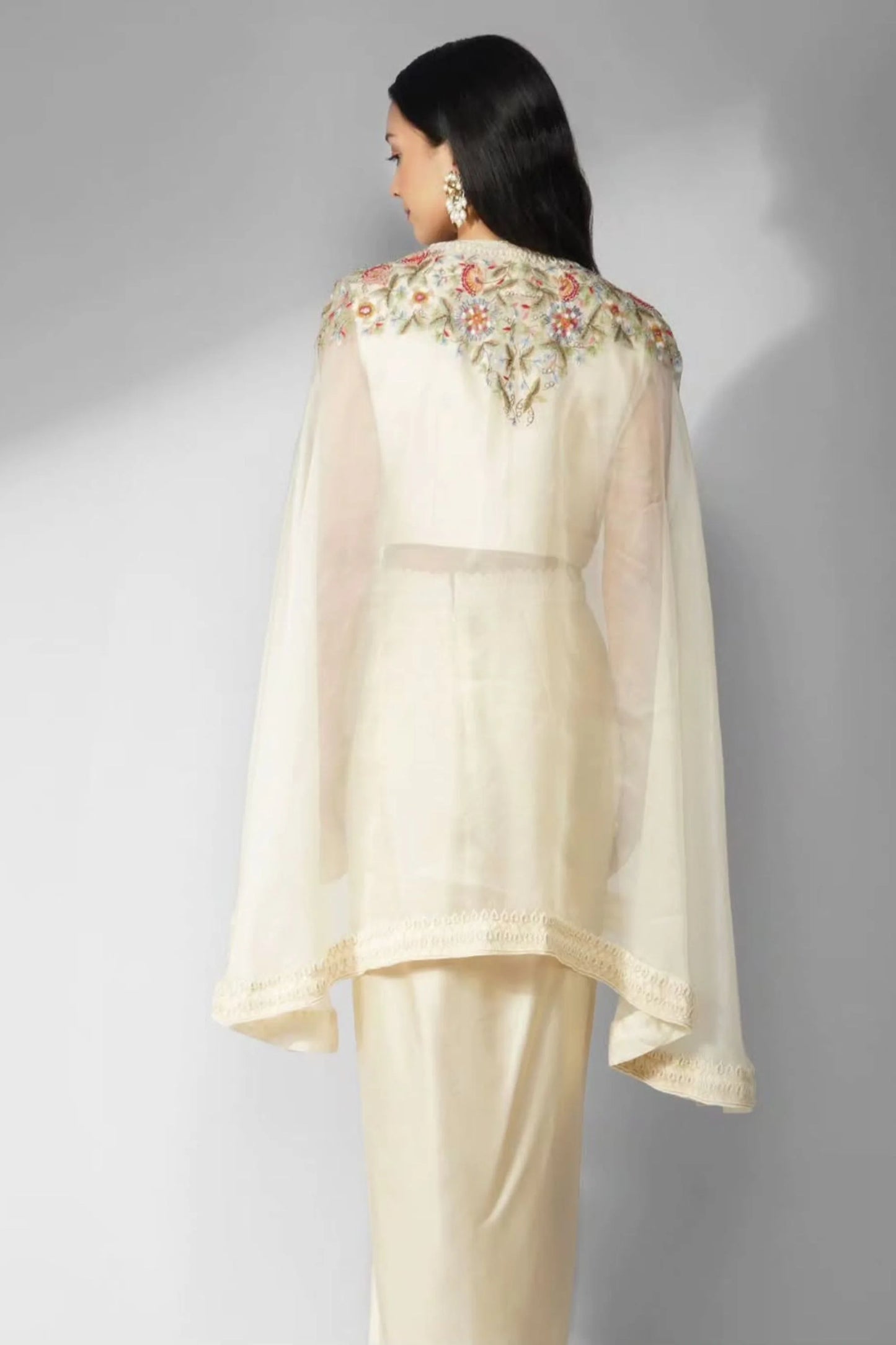 Resham Threadwork And Pearlwork Organza Cape Set With Drape Skirt