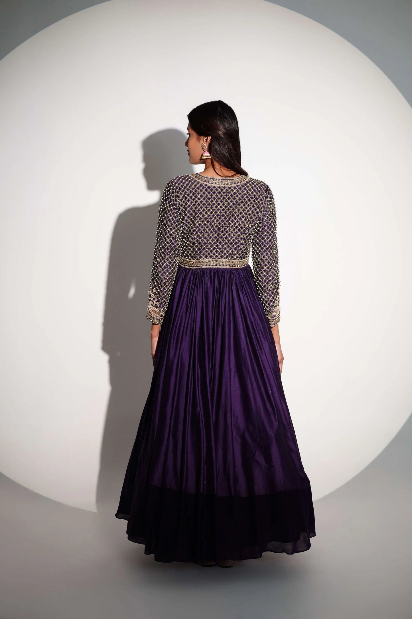 Pure Chanderi Silk Purple Anarkali With Patchwork And Hand Detailing