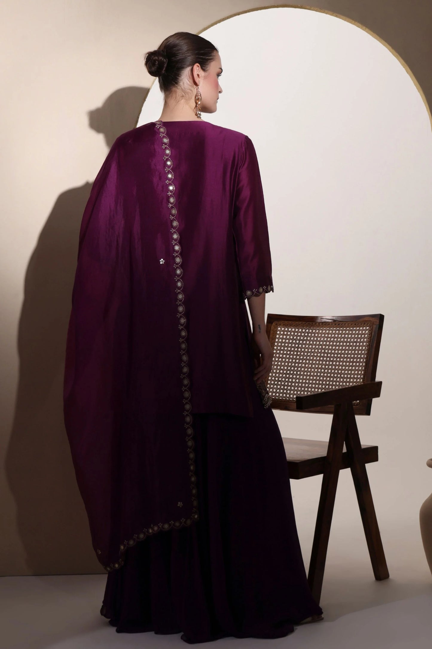 Wine Sharara Set With Zardozi Hand Embroidery And Patchwork Detailing