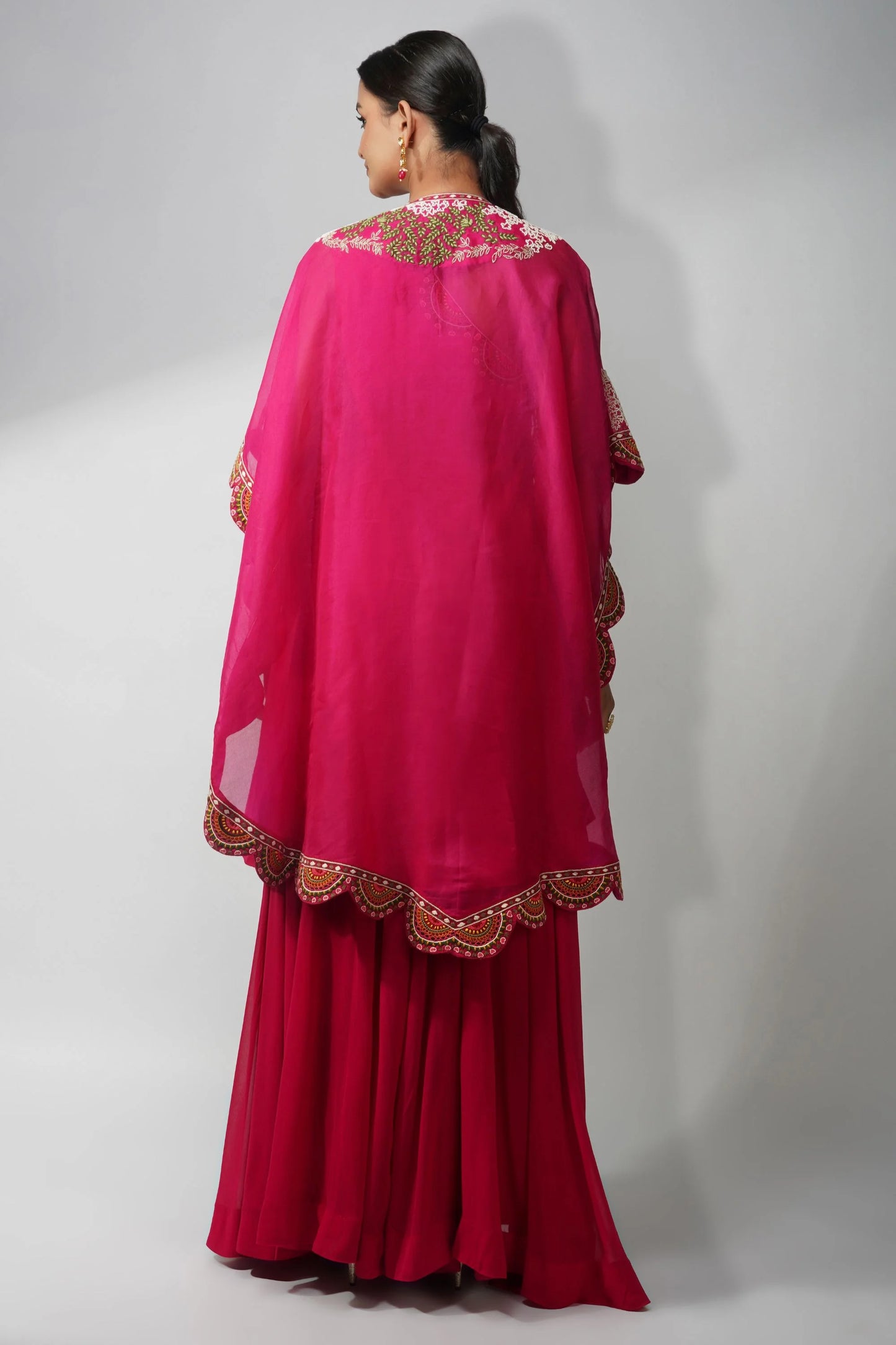 Fuchsia Off-shoulder Cape Set Featuring Handcrafted Thread And Pearl Embroidery