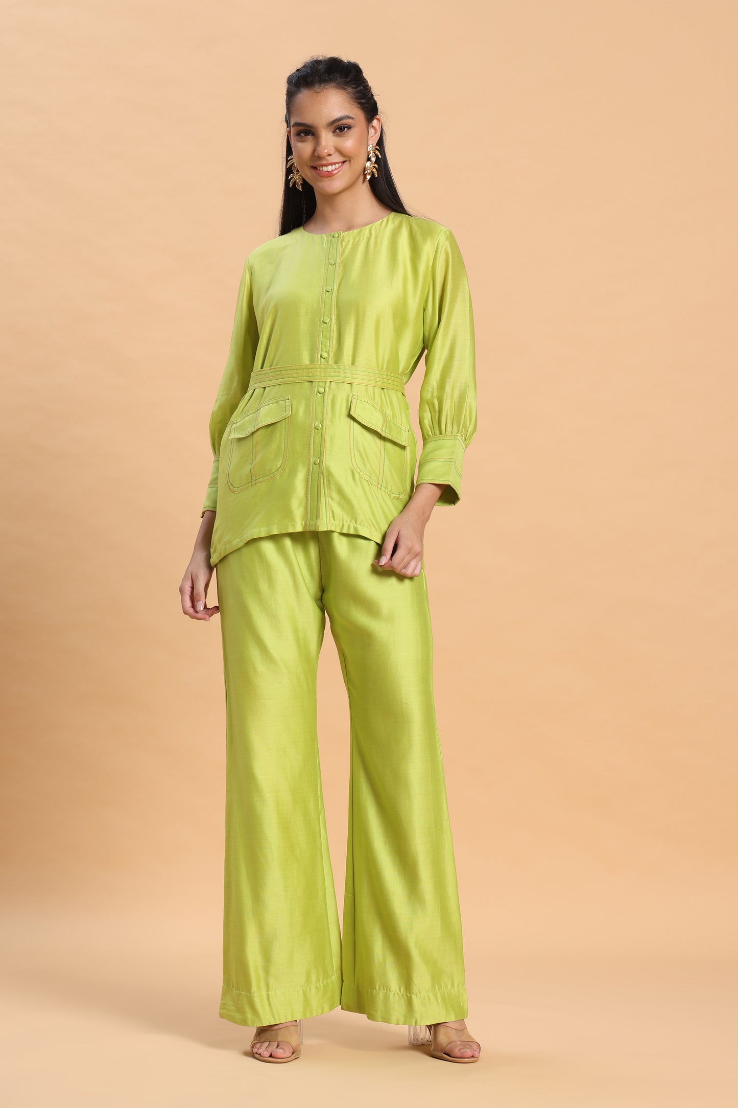 Green shirt and bell bottom co ord set