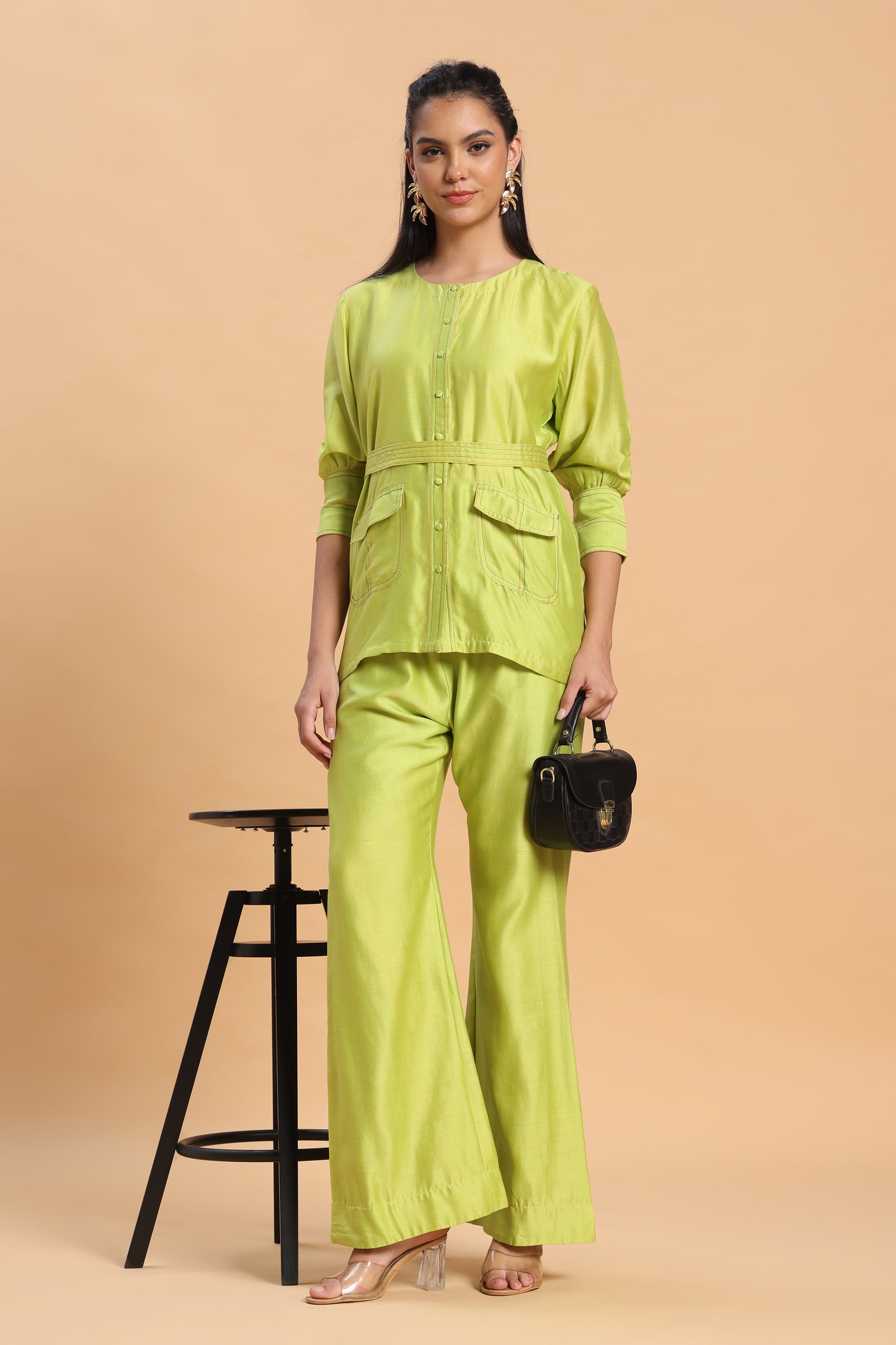 Green shirt and bell bottom co ord set