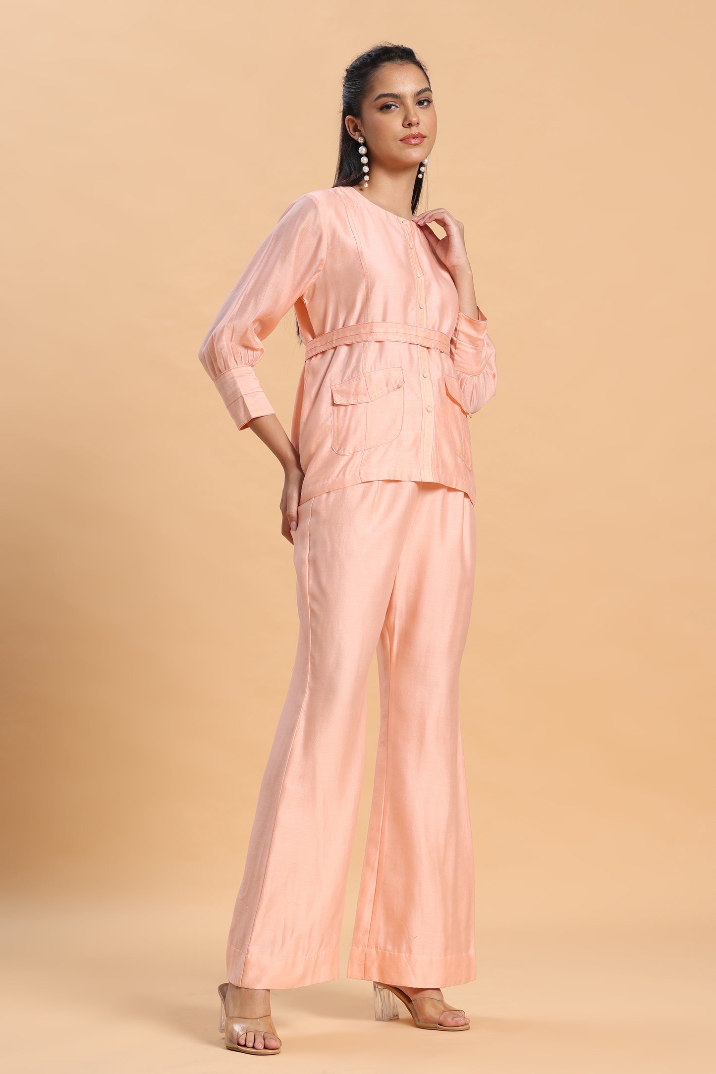 Pink shirt and bell bottom co ord set