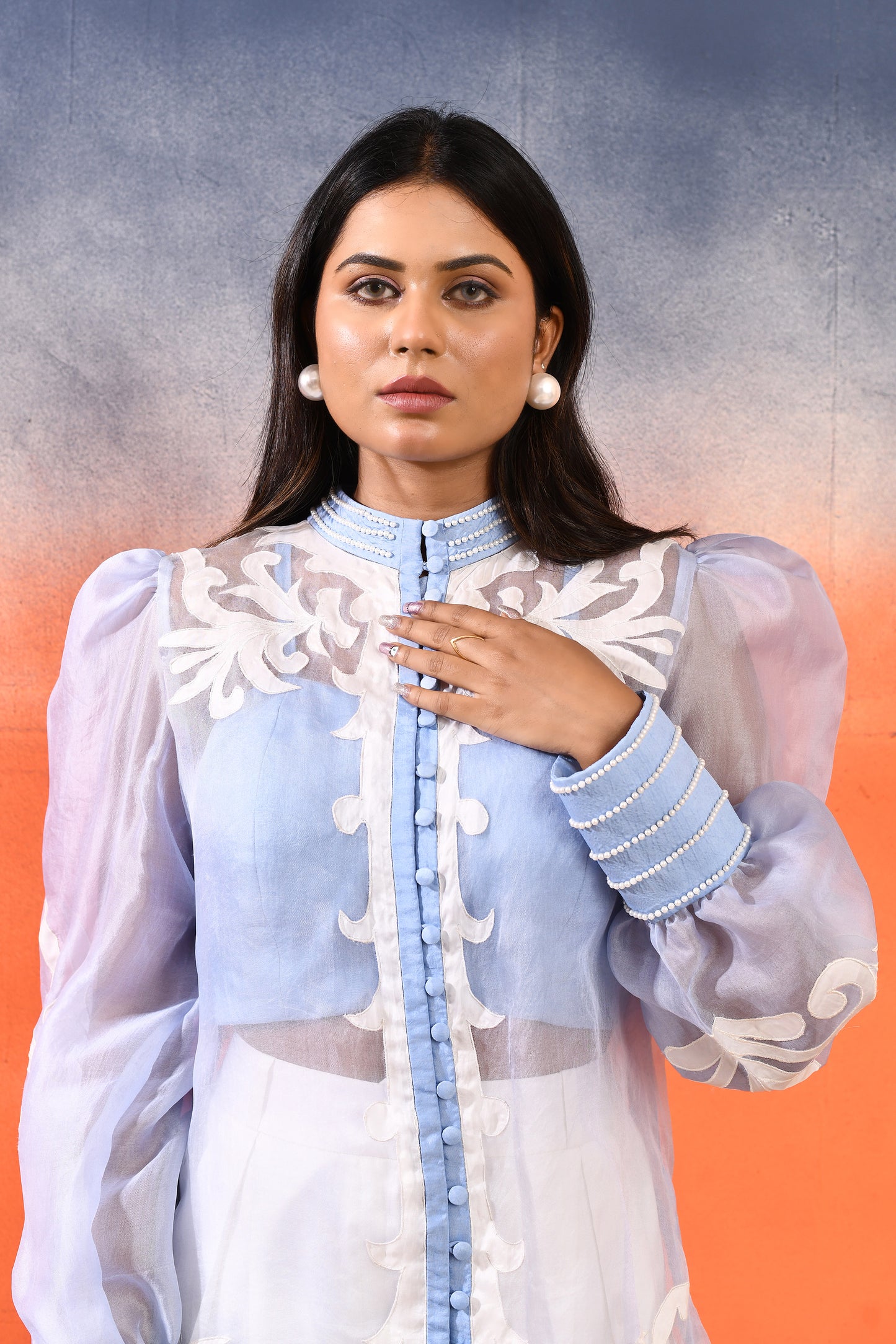 Sky Blue Organza co ord set with applique work