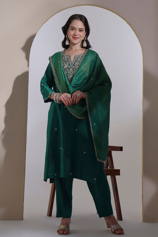 Bottle green Chanderi Kurta Set with Hand embroidery