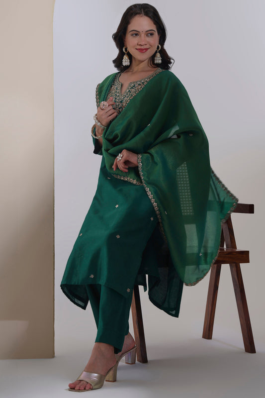 Bottle green Chanderi Kurta Set with Hand embroidery