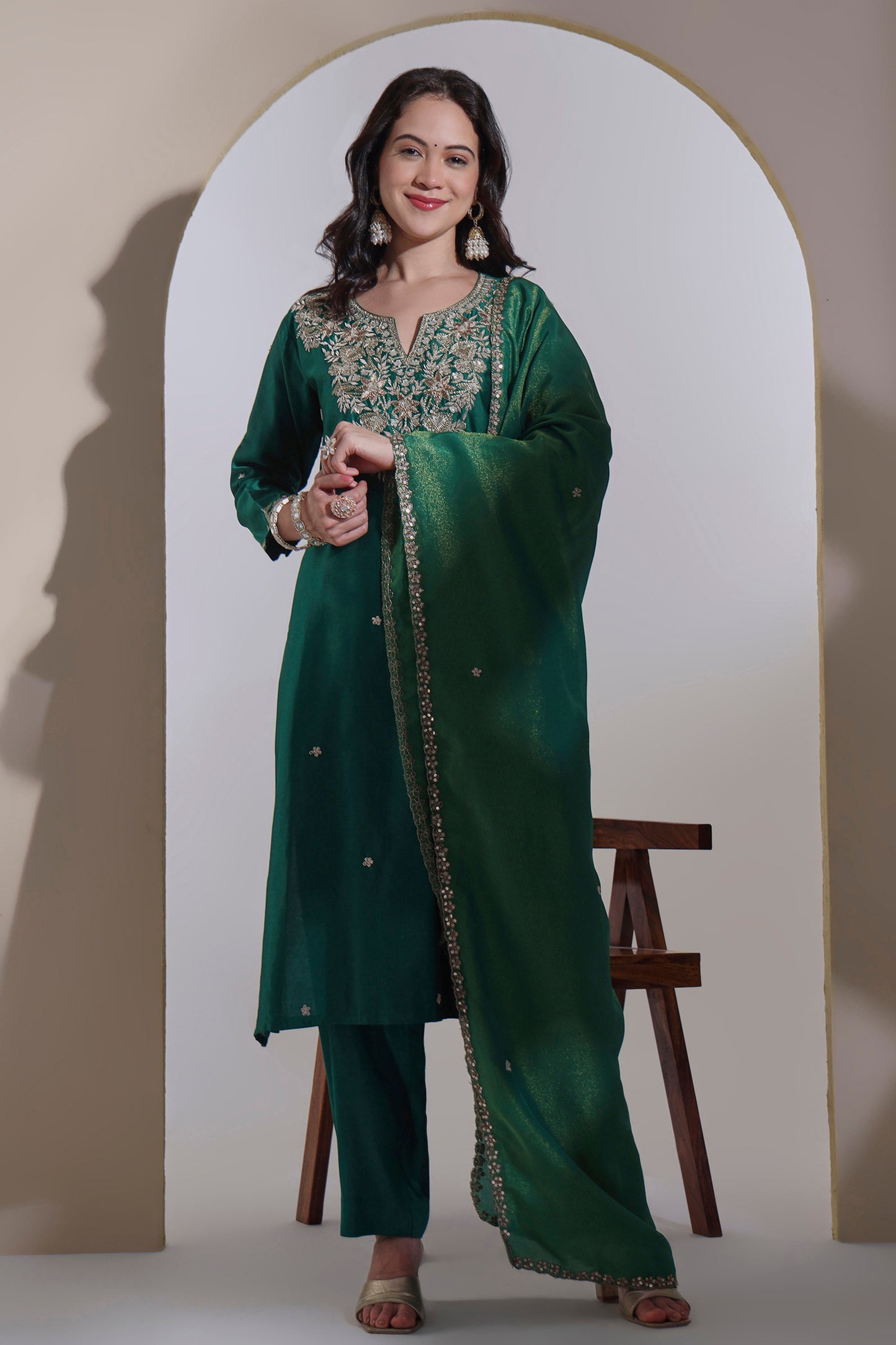 Bottle green Chanderi Kurta Set with Hand embroidery