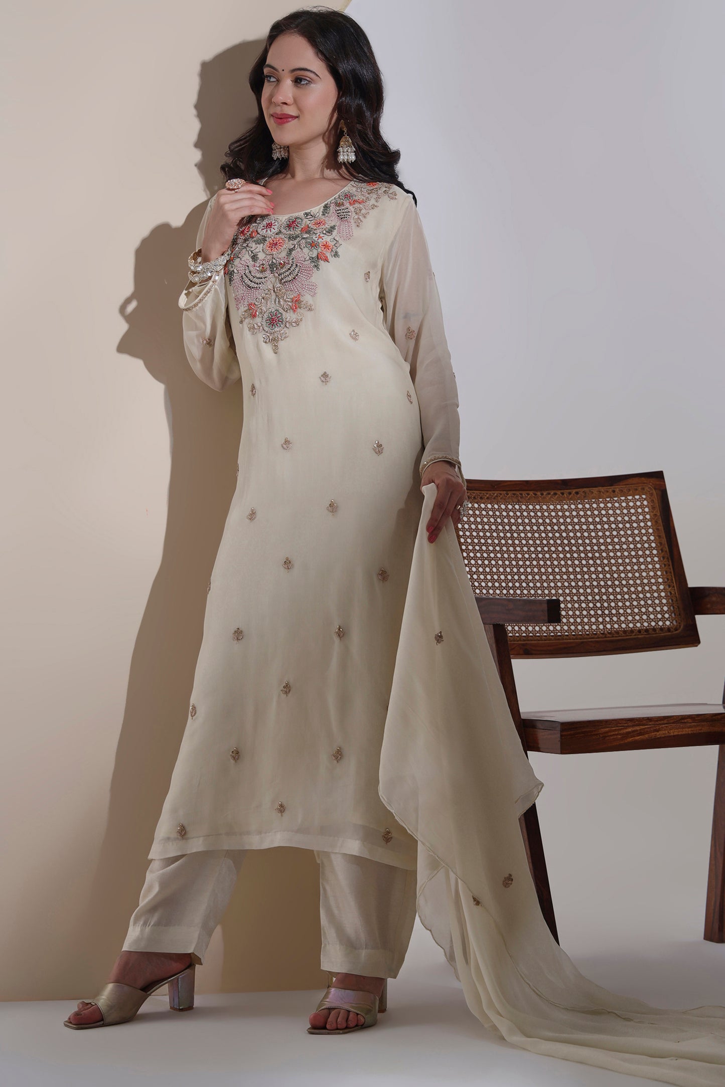 Cream Organza Kurta Set with Hand embroidery