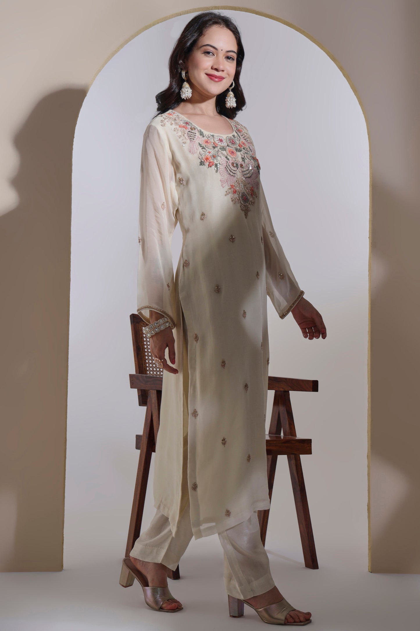 Cream Organza Kurta Set with Hand embroidery