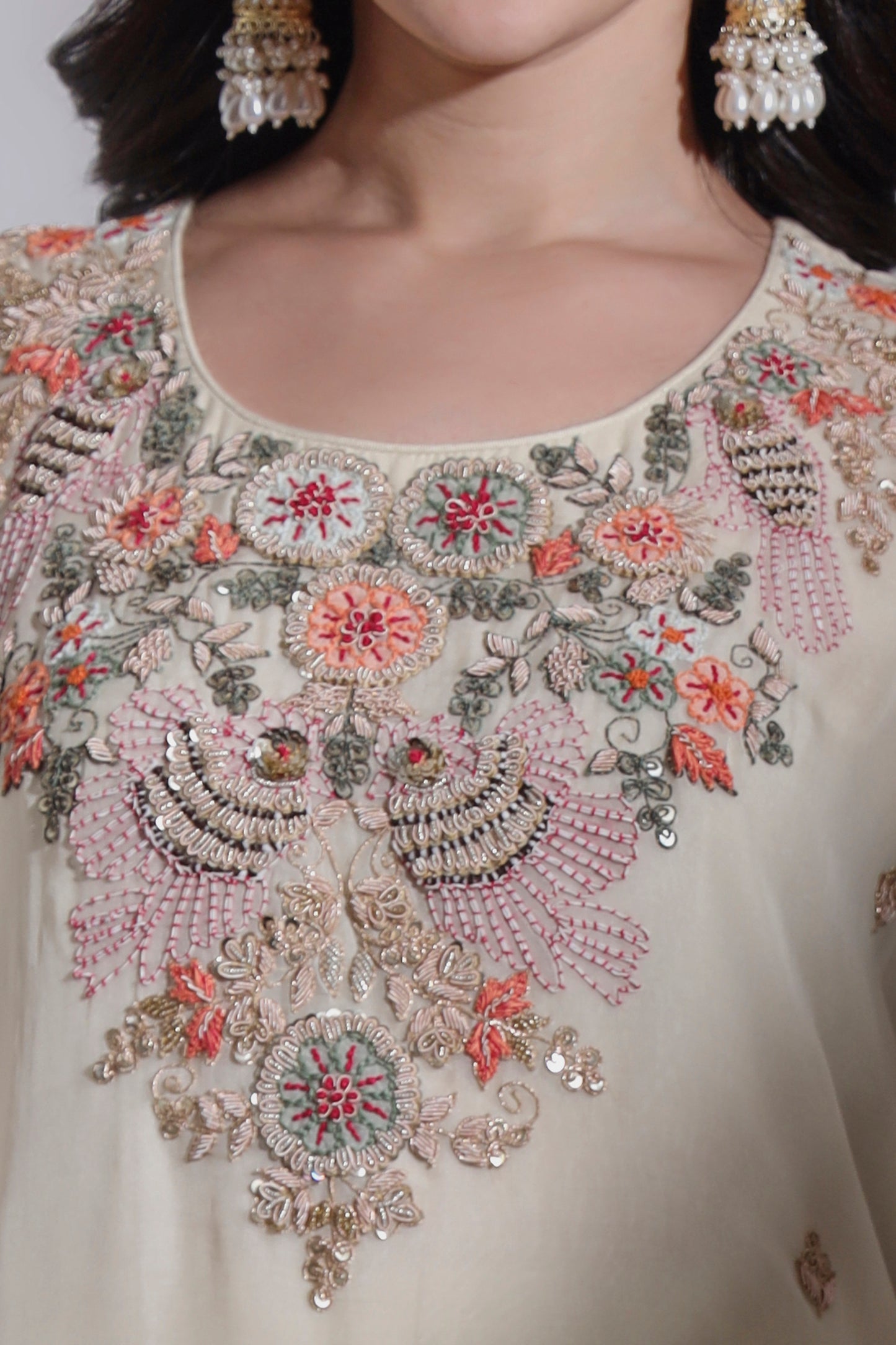 Cream Organza Kurta Set with Hand embroidery