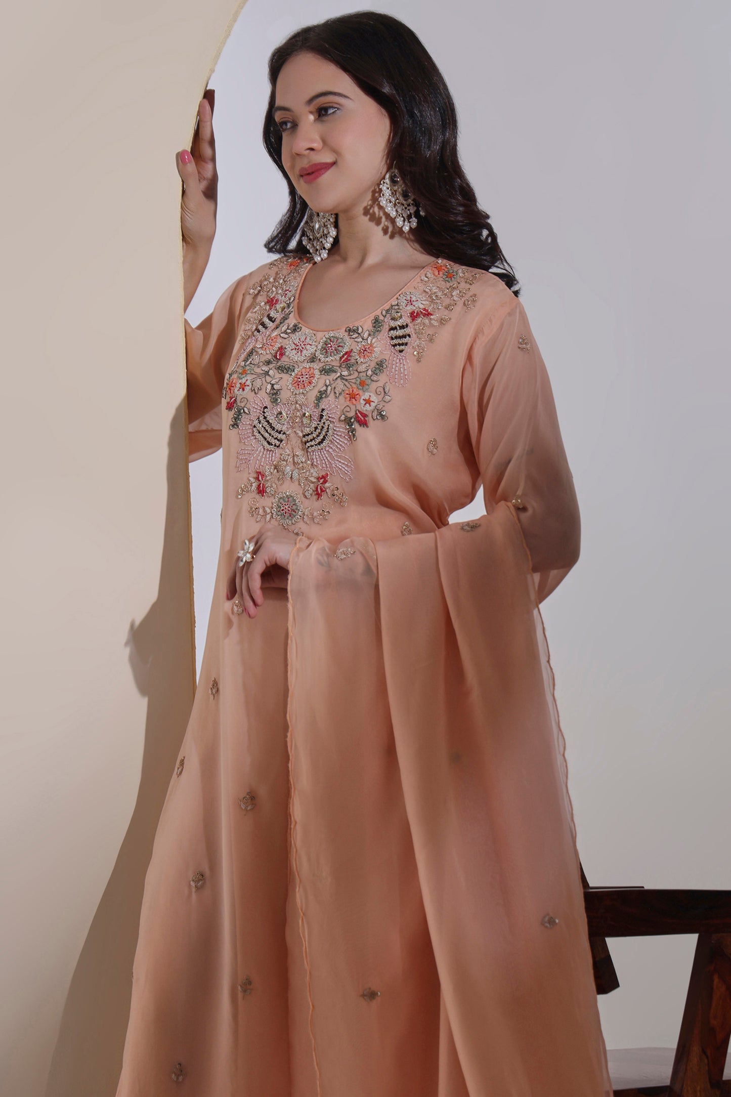 Peach Organza Kurta Set with Hand embroidery