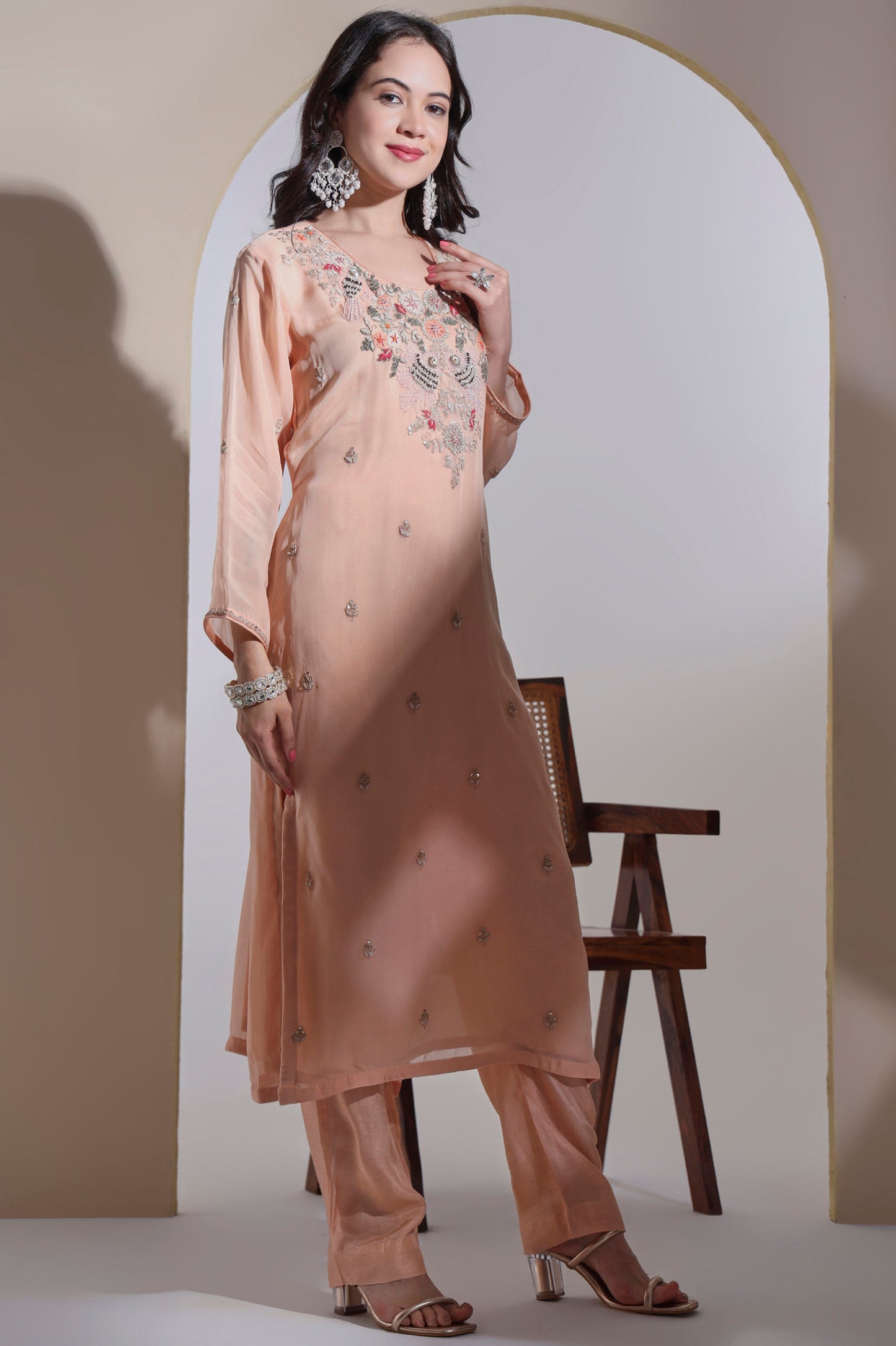 Peach Organza Kurta Set with Hand embroidery
