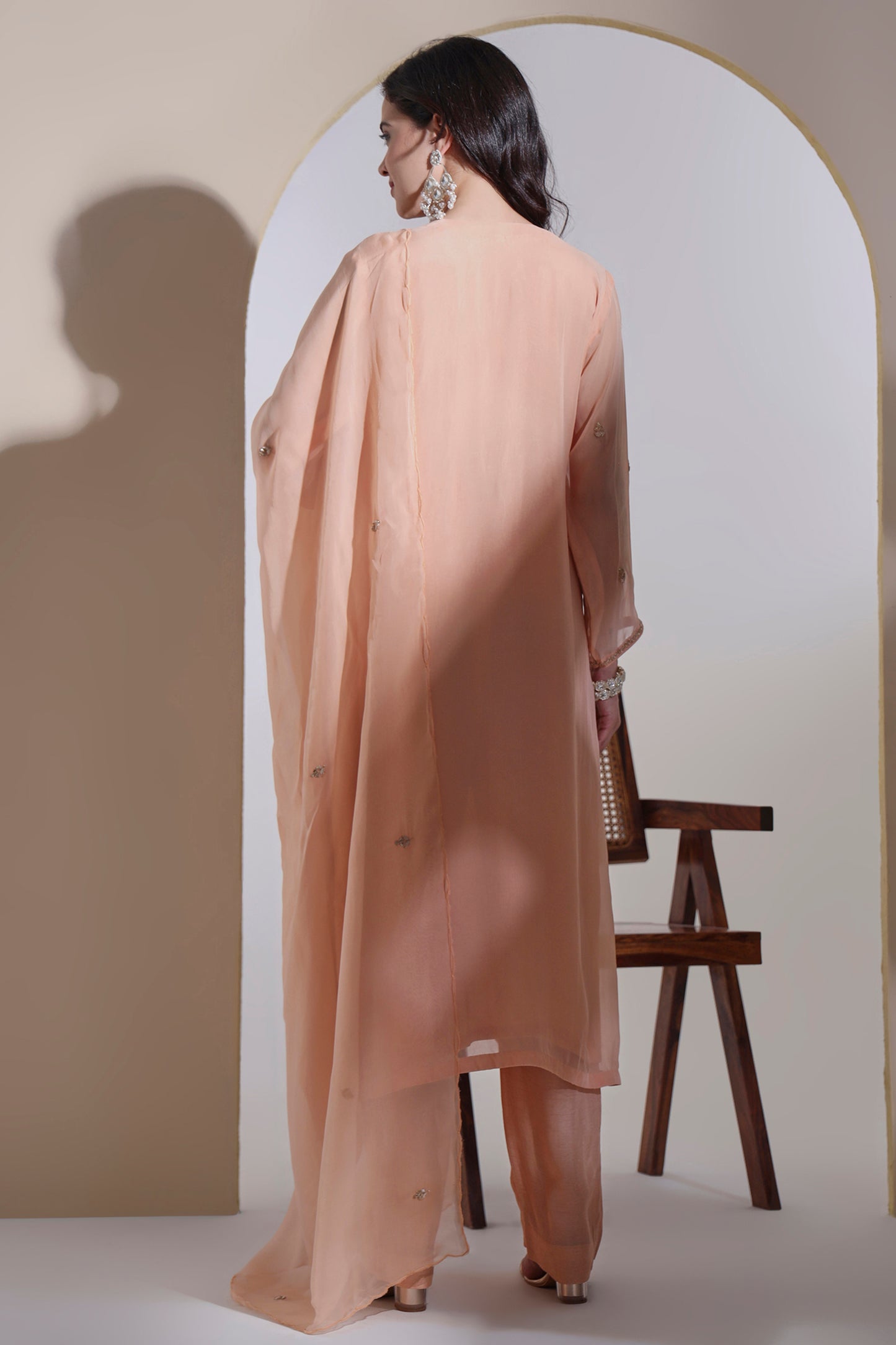 Peach Organza Kurta Set with Hand embroidery